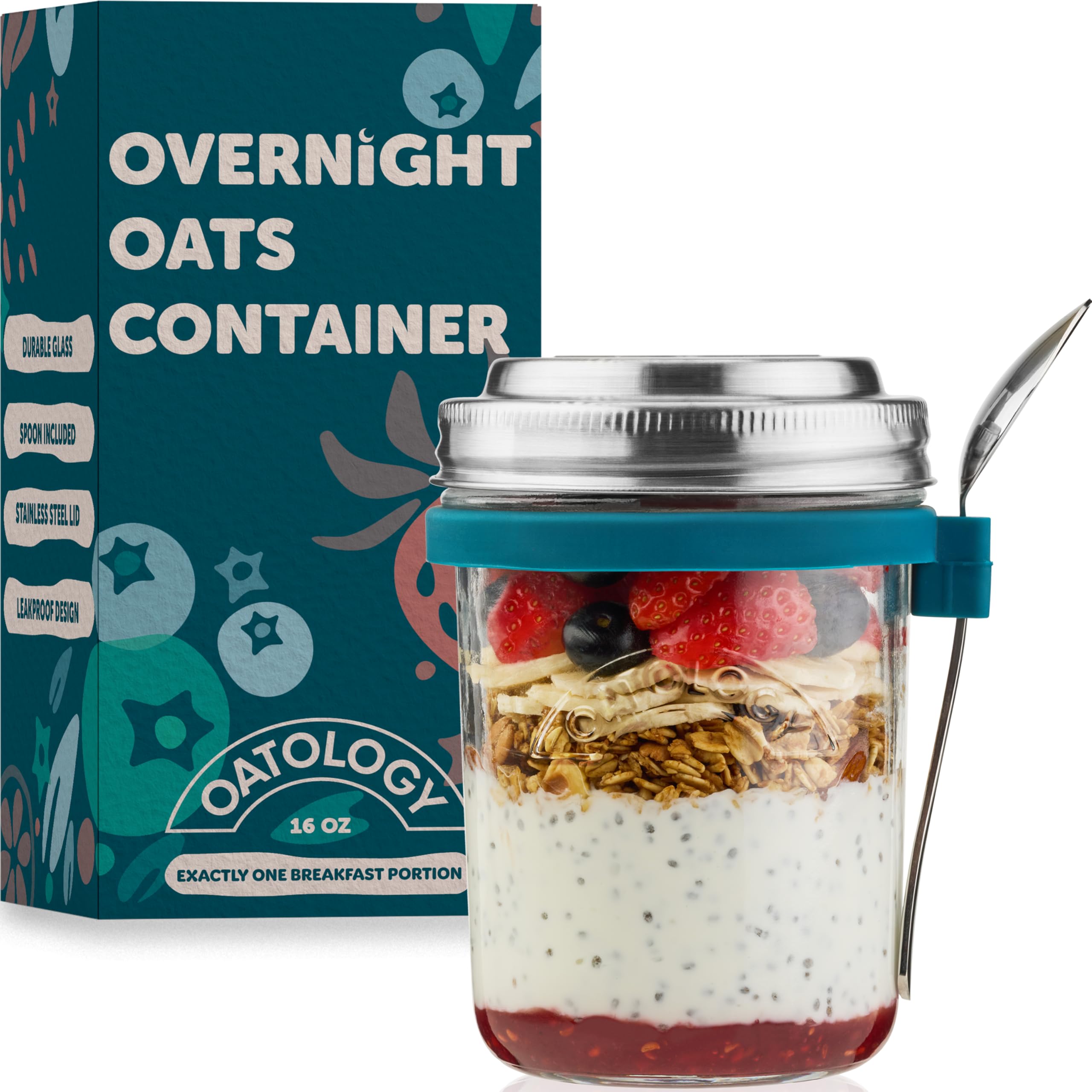 Overnight Oats Jar with Spoon & Stainless Steel Lid - 16oz Leakproof Glass Oatmeal Container for Meal Prep & Yogurt - Easy to Clean Breakfast Cup with Measurement Markings On-the-Go - 1 Pack