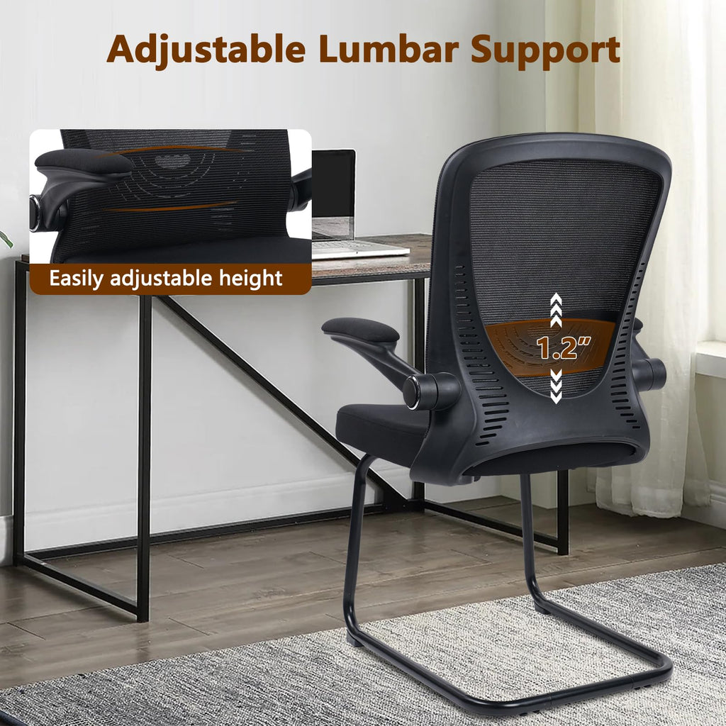 Clatina Office Guest Chair No Wheels, Ergonomic Mesh Desk Chair Adjustable Lumbar Support and Flip Up Arms, Sled Base for Office Guest &
