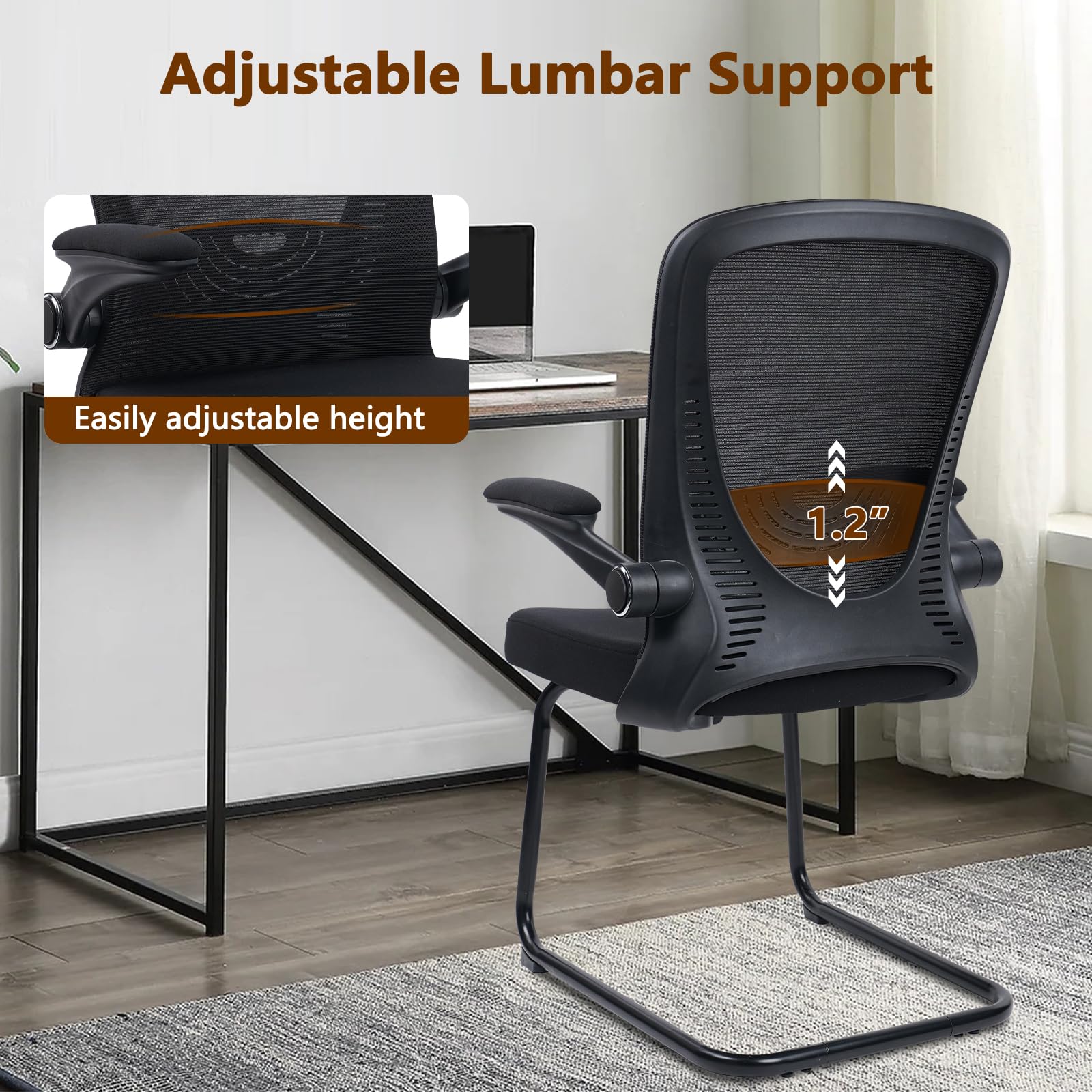 Clatina Office Guest Chair No Wheels, Ergonomic Mesh Desk Chair Adjustable Lumbar Support and Flip Up Arms, Sled Base for Office Guest &