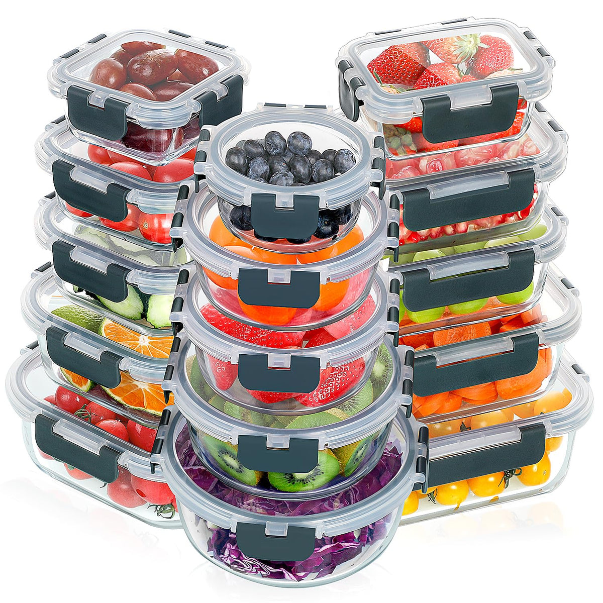 VERONES 30 Pieces Glass Meal Prep Containers Set, Stackable Glass Food Storage Containers with Lids-Airtight Lunch Containers?for Microwave, Oven, Freezer & Dishwasher,Grey