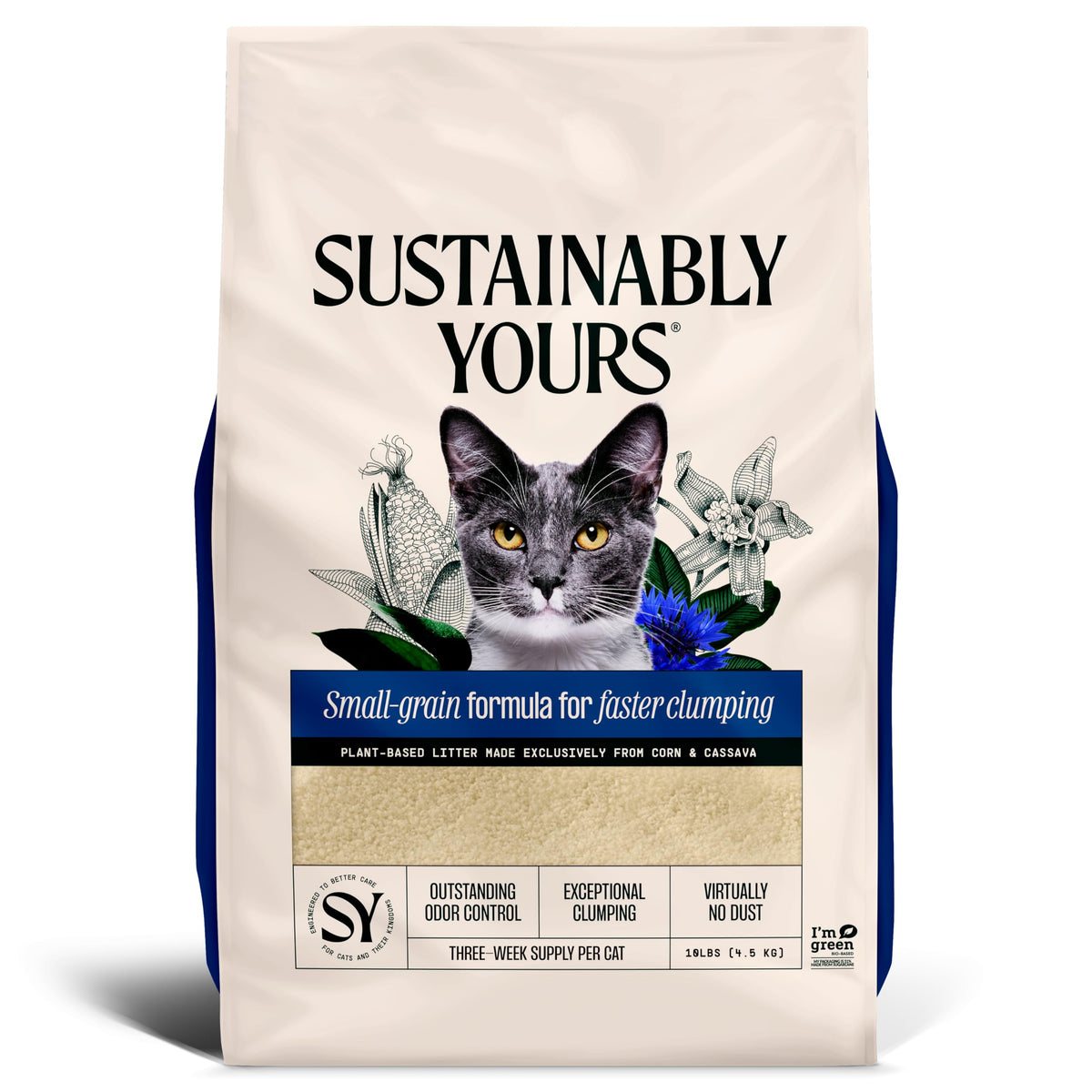 Sustainably Yours Natural Cat Litter, Small-Grain Formula, Exceptional Clumping & Odor Control, Virtually No Dust, Soft on Paws, Corn & Cassava Plant-Based, Unscented, 10 lbs