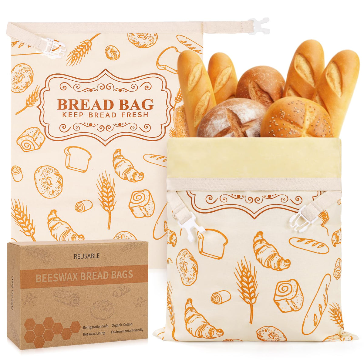 2 Pack Beeswax Bread Bags for Sourdough Homemade Bread - Reusable Organic Linen Bag Cotton Lining Sourdough Natural Beeswax Bread Storage Bag, Keep Fresh and Upgraded XLarge Capacity Portable