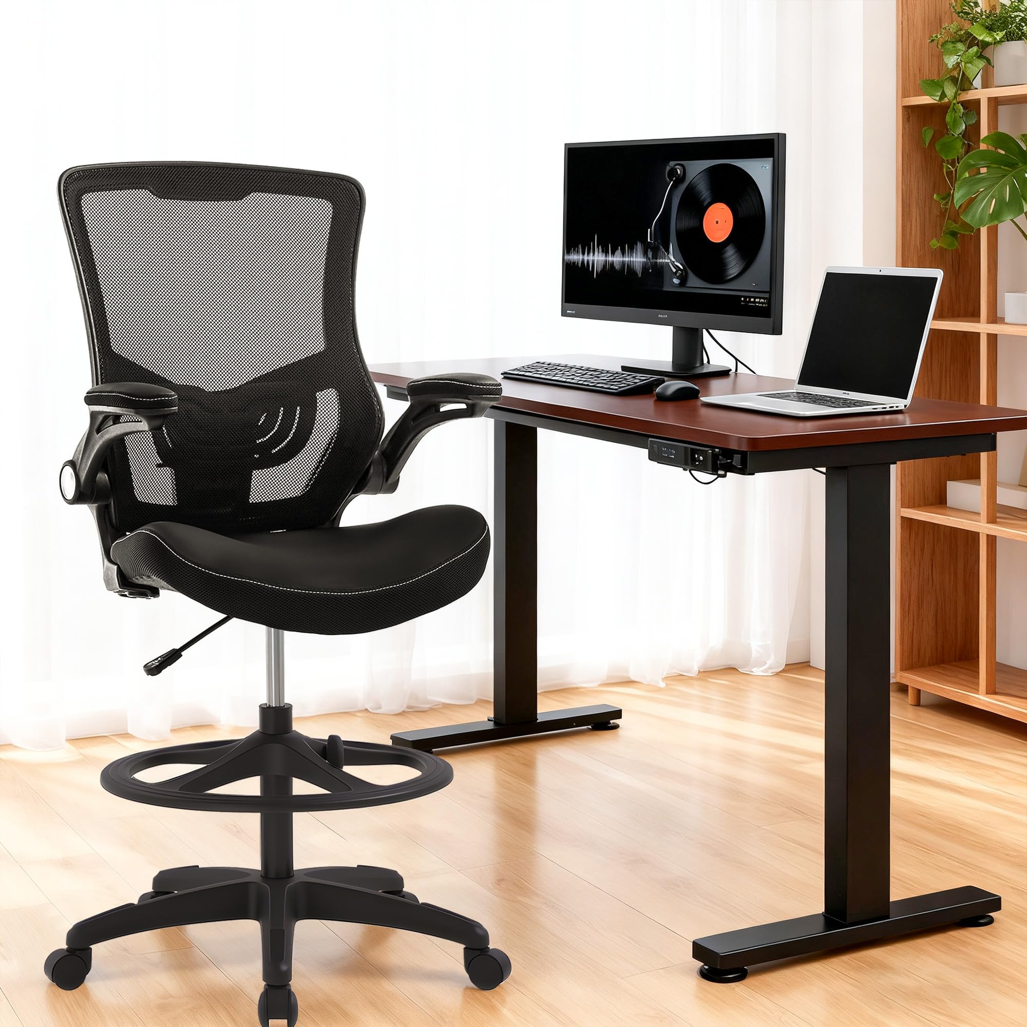 Bestoffice Drafting Chair Ergonomic Tall Office Chair Standing Desk Chair with Flip Up Arms Foot Rest Back Support Adjustable Height Mesh