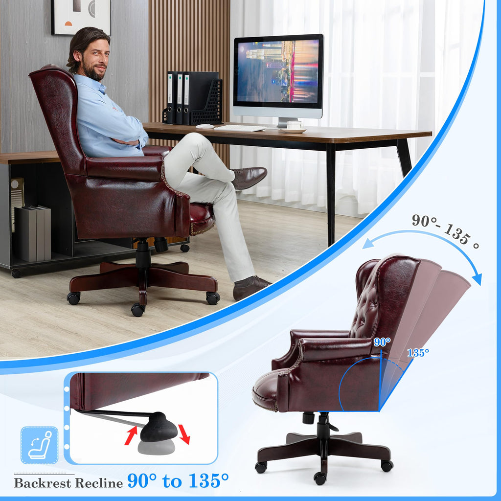 Big and Tall Executive Office Chair, Ergonomic 360° Swivel Recliner Chair, Retro Burgundy Faux Leather Home Office Desk Chairs W/tufted