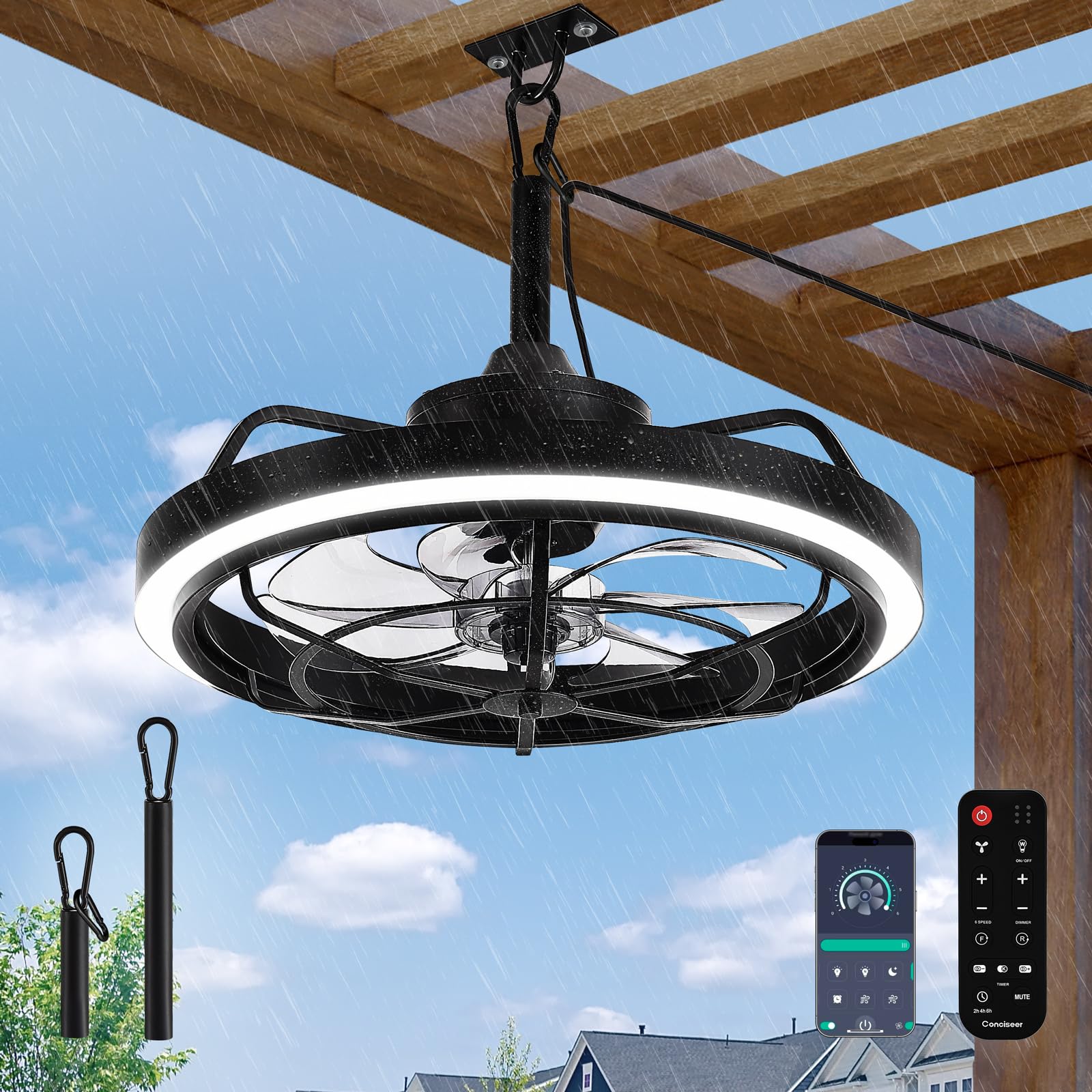 Conciseer Outdoor Ceiling Fan with Light for Patio, 20" Waterproof All-Weather Plug-in Hanging Fan, Smart APP/Remote Control, 3CCT Dimmable LED, Caged Design for Gazebo, Pergola, Porch
