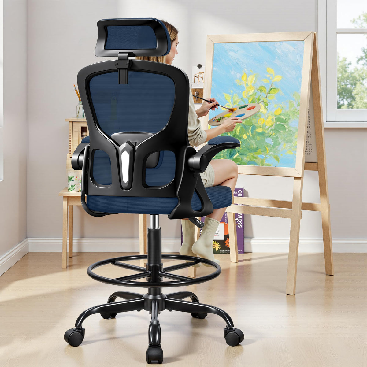 Finati Drafting Chair, Tall Office Chair for Standing Desk, Ergonomic High Back with Headrest, Lumbar Support, Foot Ring and Flip-up Armrests,