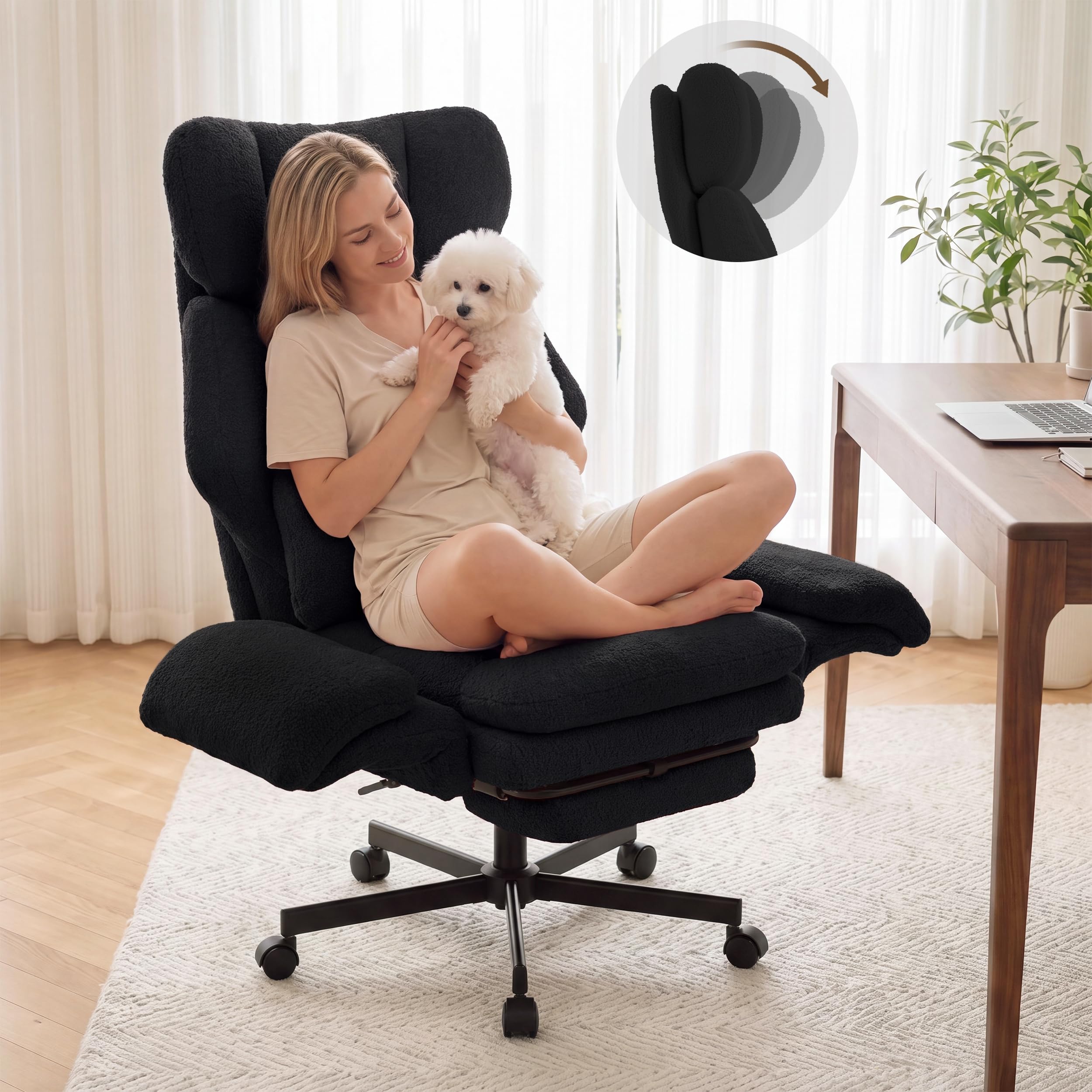 Criss Cross Chair with Footrest, Big and Tall Office Chair with Flip Arms, Teddy Black