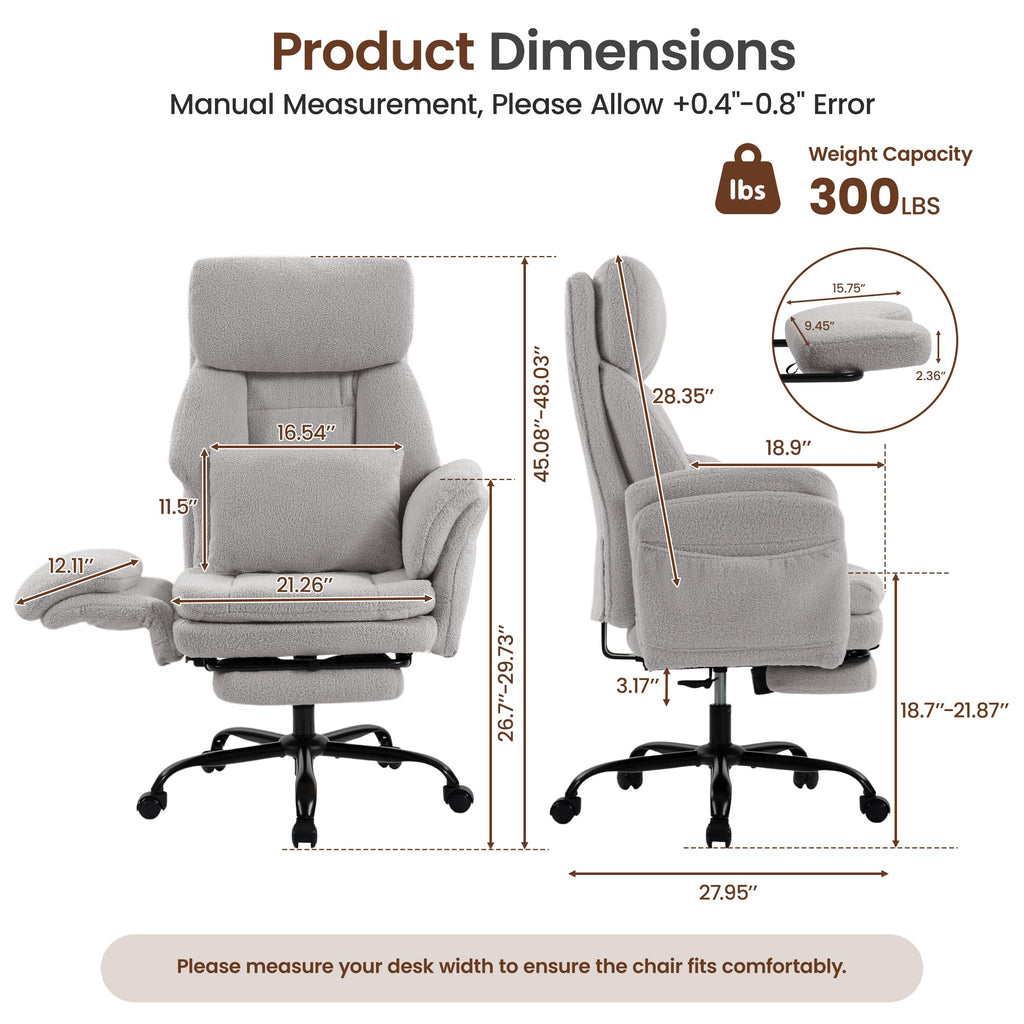Fivewillowise Big and Tall Executive Office Chair with Foot Rest,reclining, 32"W*28"D*48"H, Teddy Light Grey