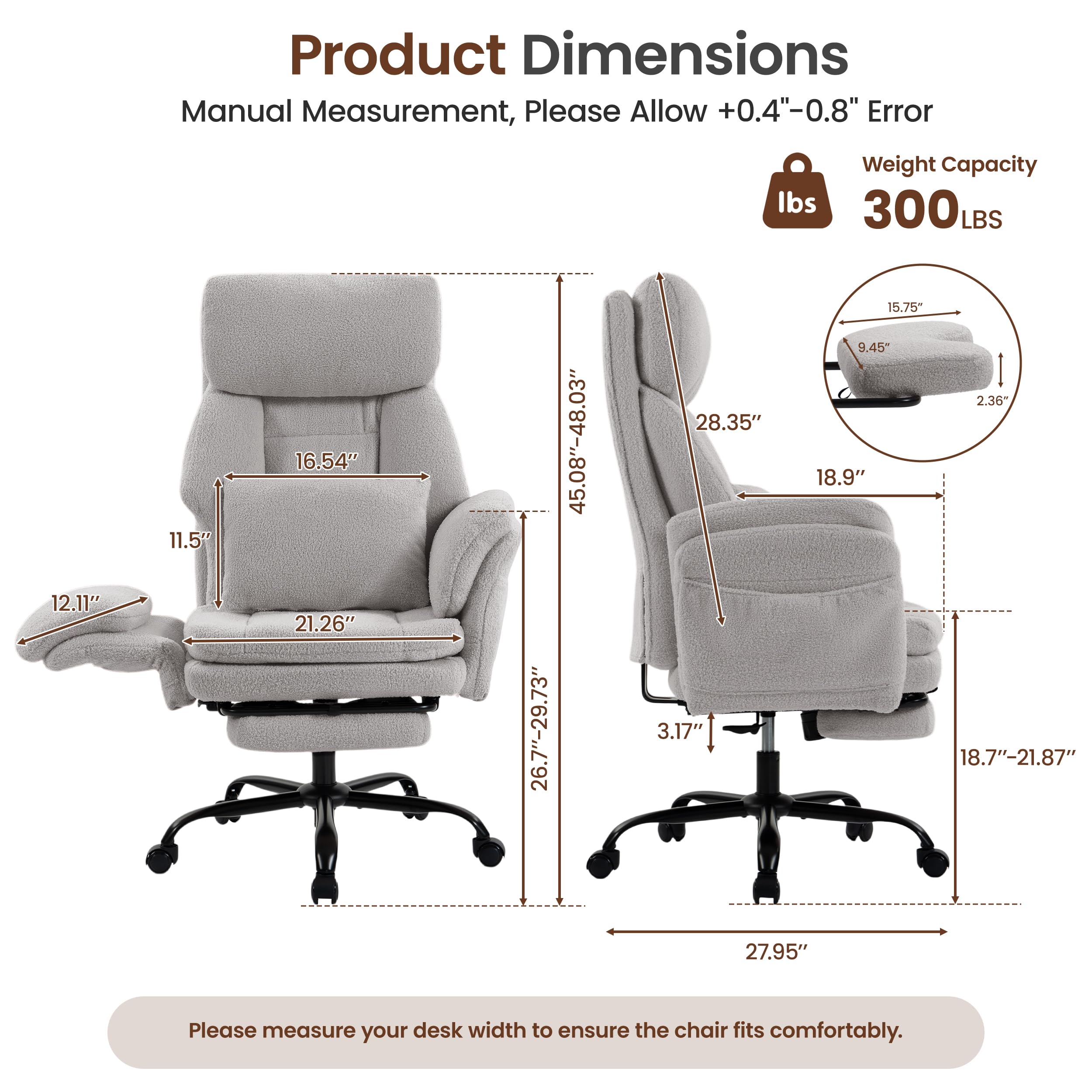 Fivewillowise Big and Tall Executive Office Chair with Foot Rest,reclining, 32"W*28"D*48"H, Teddy Light Grey