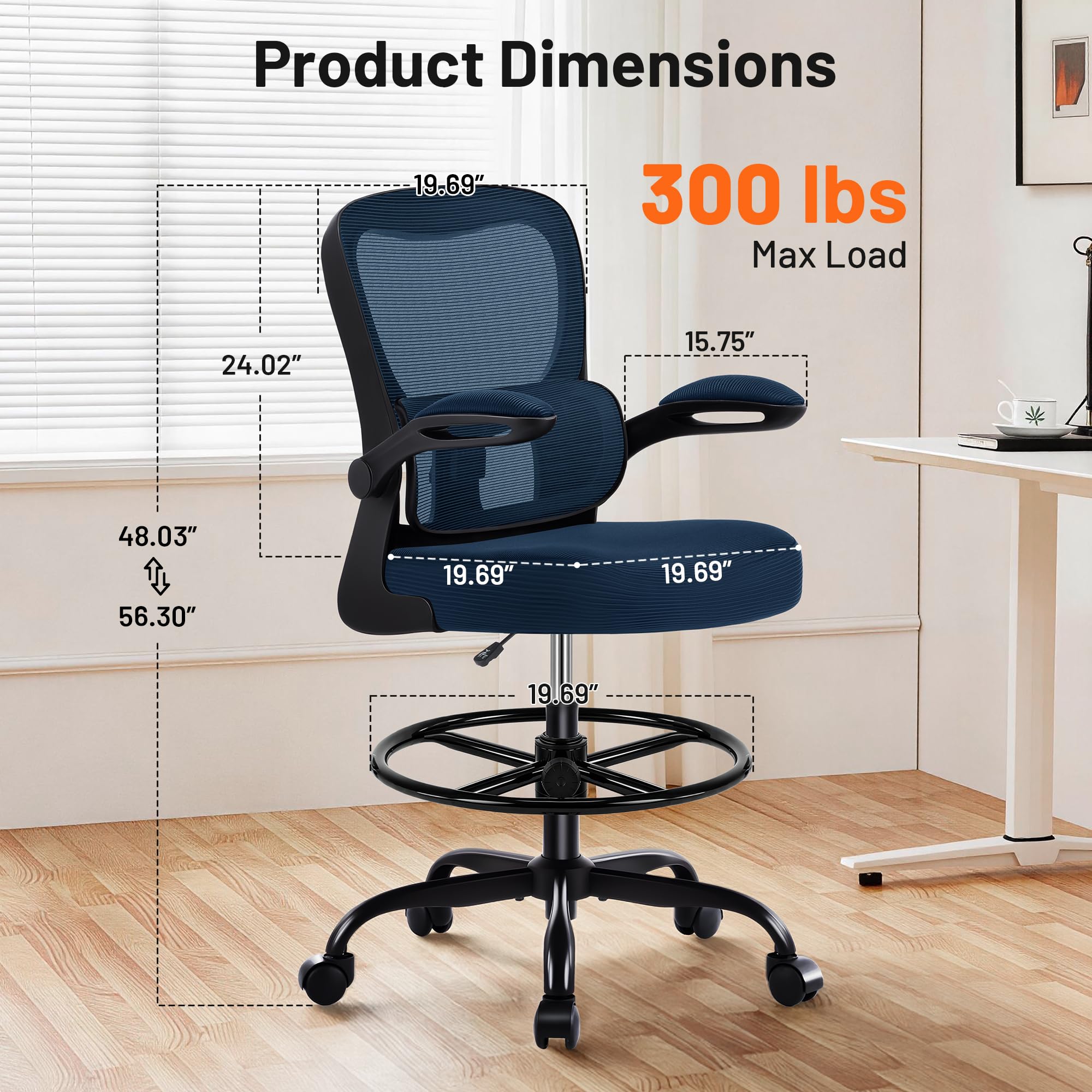 Areshark Drafting Chair - Ergonomic Tall Office Chair with Lumbar Support and Flip-up Armrests - High Standing Desk Chair Breathable Mesh with