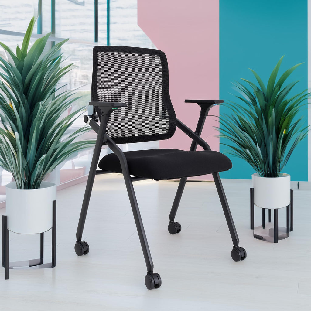 Blaneduo Updated Conference Room Chairs, Folding Office Desk Chair with Lumbar Support and Sliding Armrest with Casters, Stackable Office Guest