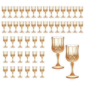 XUWAIDSGN 48 Pcs 7oz Plastic Vintage Wine Glasses Drinking Glasses Unbreakable Wedding Glassware Crystal Water Goblets Reusable Drinkware Vintage Champagne Flutes (48, Amber)