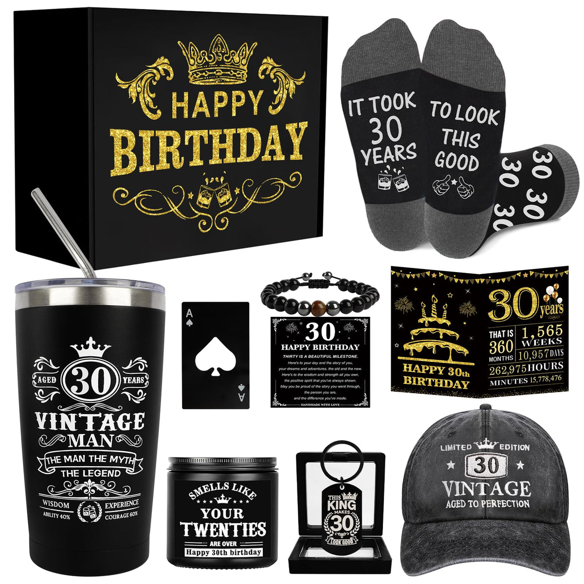 30th Birthday Gifts for Men - Unique Birthday Box with 20 Oz Tumbler, Baseball Cap, Socks, Bracelets, Scented Candle, Happy 30th Birthday Decorations for Husband, Dad, Friends, Boss