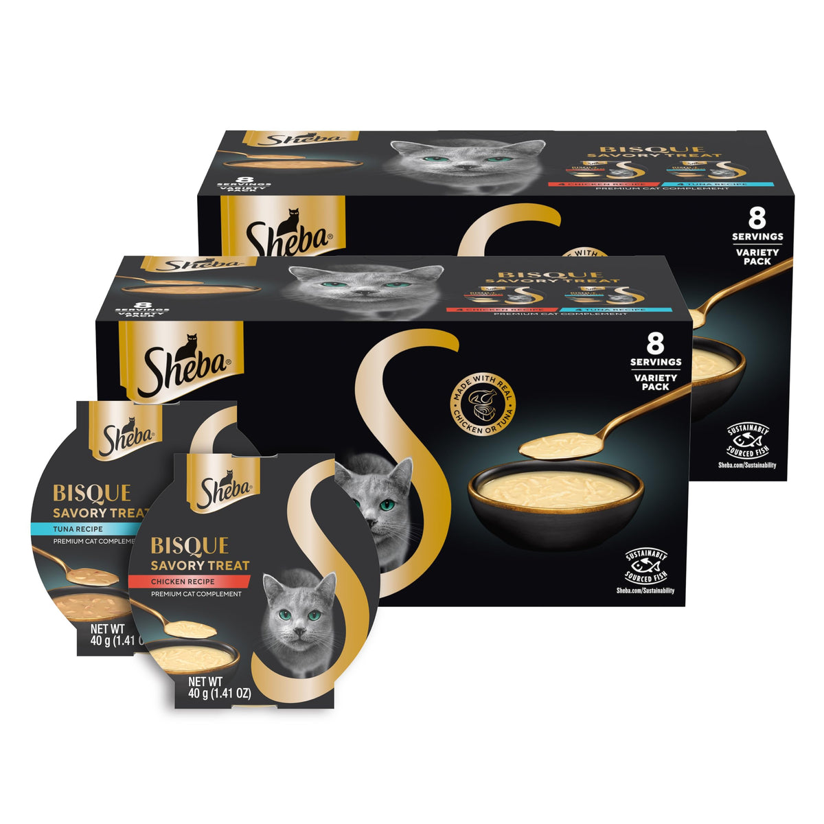 Sheba Bisque Lickable Cat Treats & Cat Food Toppers, Chicken and Tuna Recipes, 1.4 oz. Bowls, 8 Count (Pack of 2)