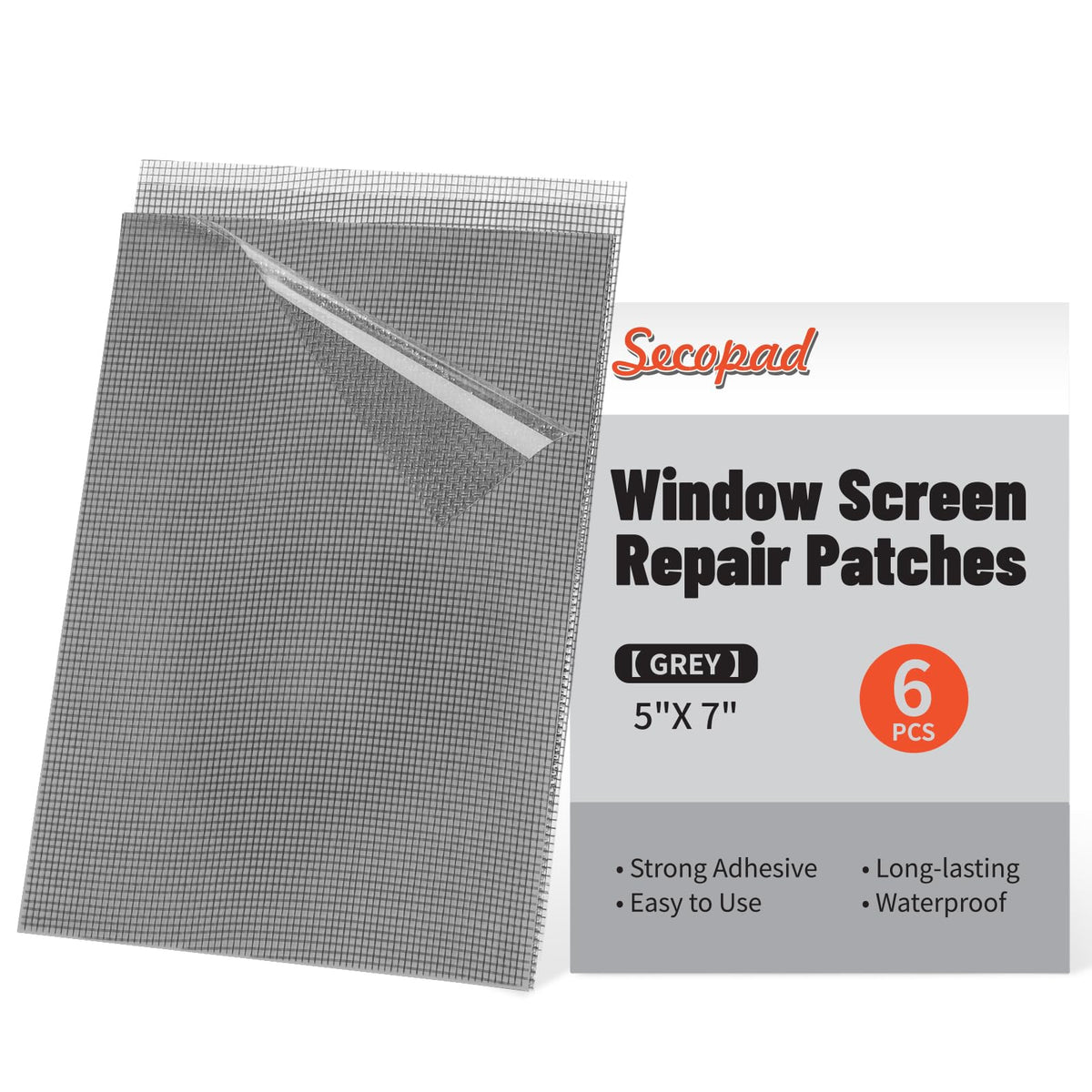 Secopad 5" x 7" Grey/Black Screen Repair Kit, 6 PCS Window Screen Patch Repair Tape for Mesh Window Door, Strong Adhesive Fiberglass Mesh Patch Tape