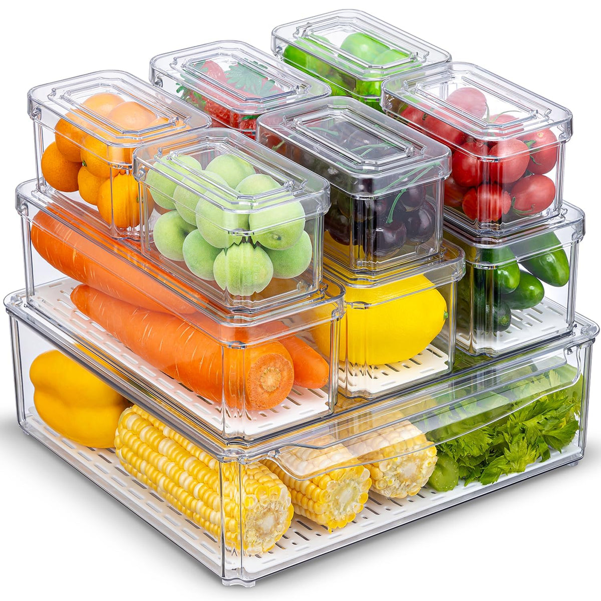 10-Pack Clear Fridge Organizer Bins with Lids, Stackable Refrigerator Storage Containers, BPA-Free with Drain Tray & Anti-Slip Base for Fruits, Veggies, Drinks