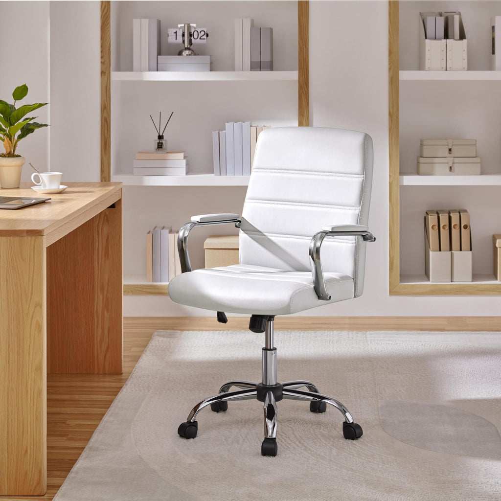 Yaheetech White Office Chair Pu Leather Swivel Rocking Desk Seat with Arms, 24? W × 25? D × (38-41.5)? H