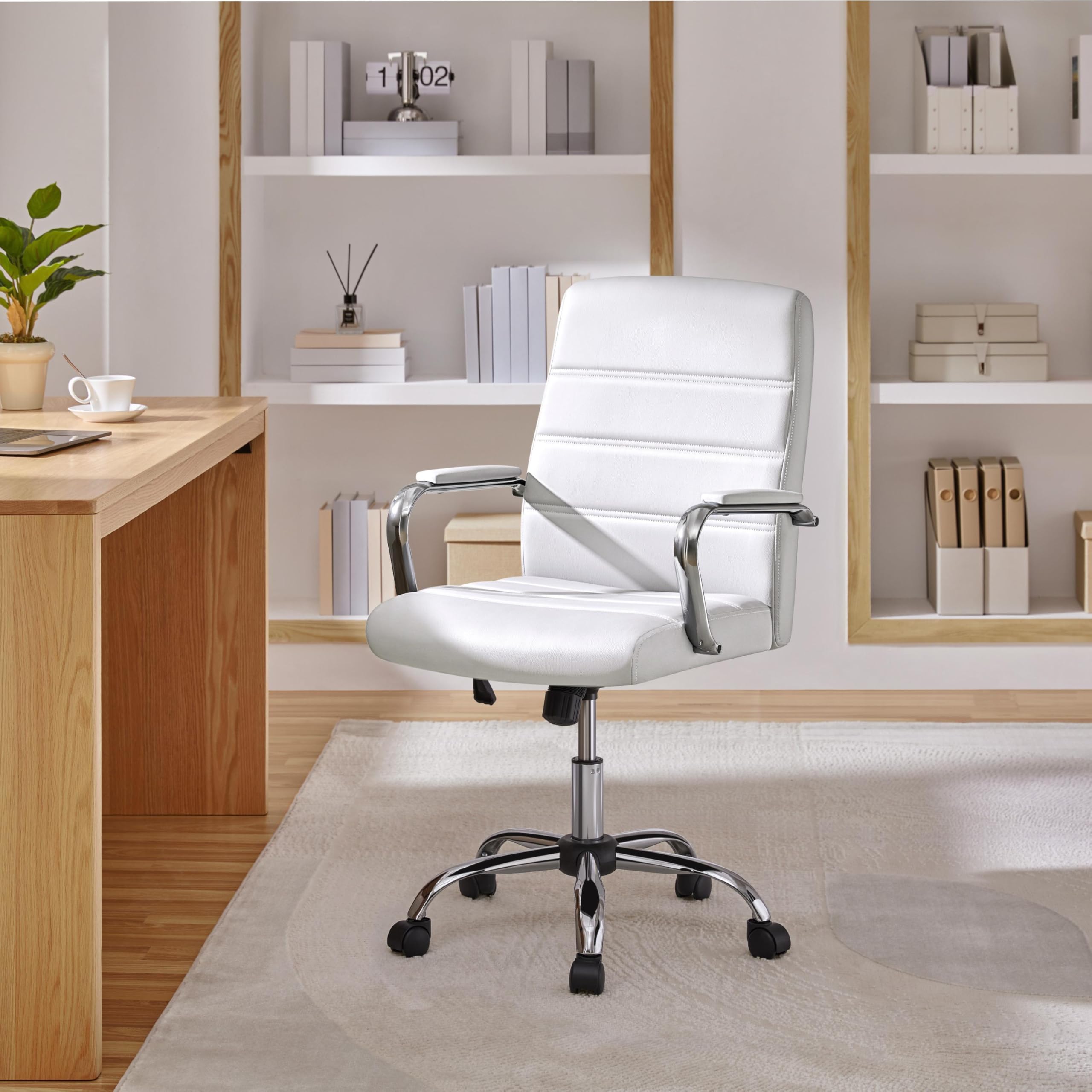 Yaheetech White Office Chair Pu Leather Swivel Rocking Desk Seat with Arms, 24? W × 25? D × (38-41.5)? H
