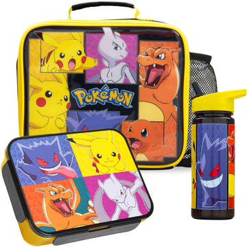 Get Trend Pokemon Kids Insulated Lunch Bag 3Pc Set with Bento Box & 20 fl oz BPA-Free Water Bottle with Straw, Lightweight Kids Lunch Box, Pikachu Anime Gifts for Gamers