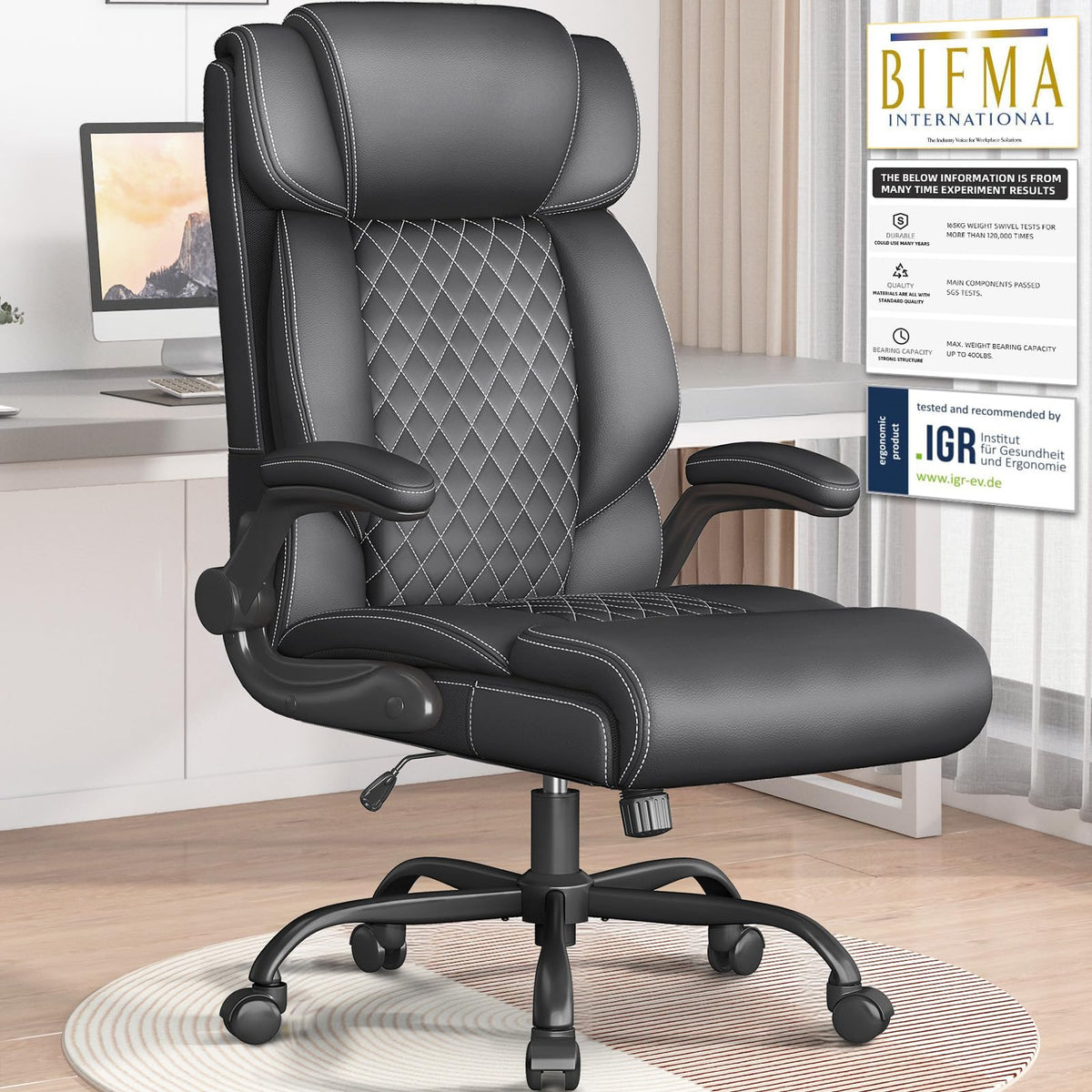 Cyzena Office Chair-executive High Back Breathable Big and Tall Office Chair Flip-up Armrests Lumbar Support-ergonomic Leather Rolling Swivel