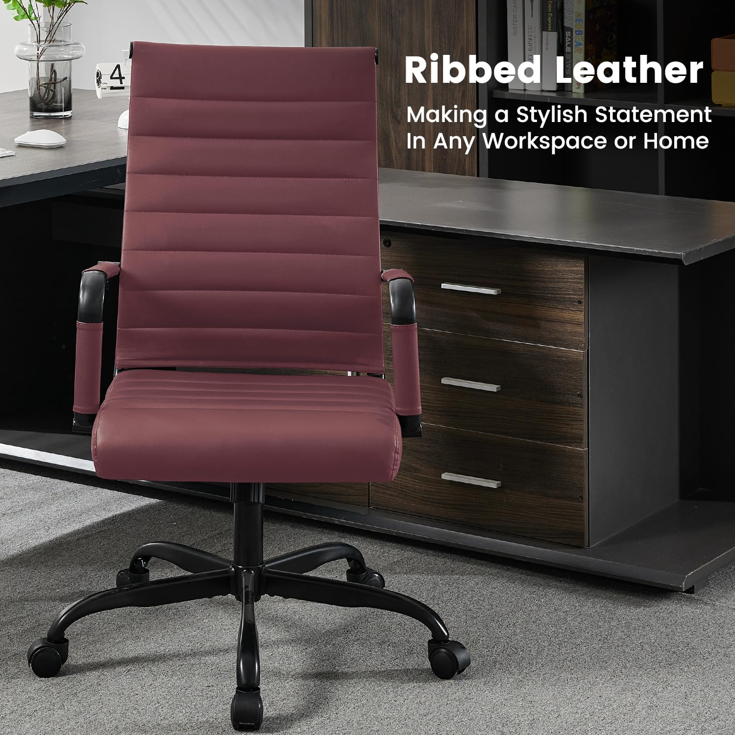 Seanail Office Desk Chair Leather, Conference Room Chairs with Wheels, Modern Executive Computer Guest Chairs with Arms., Burgundy