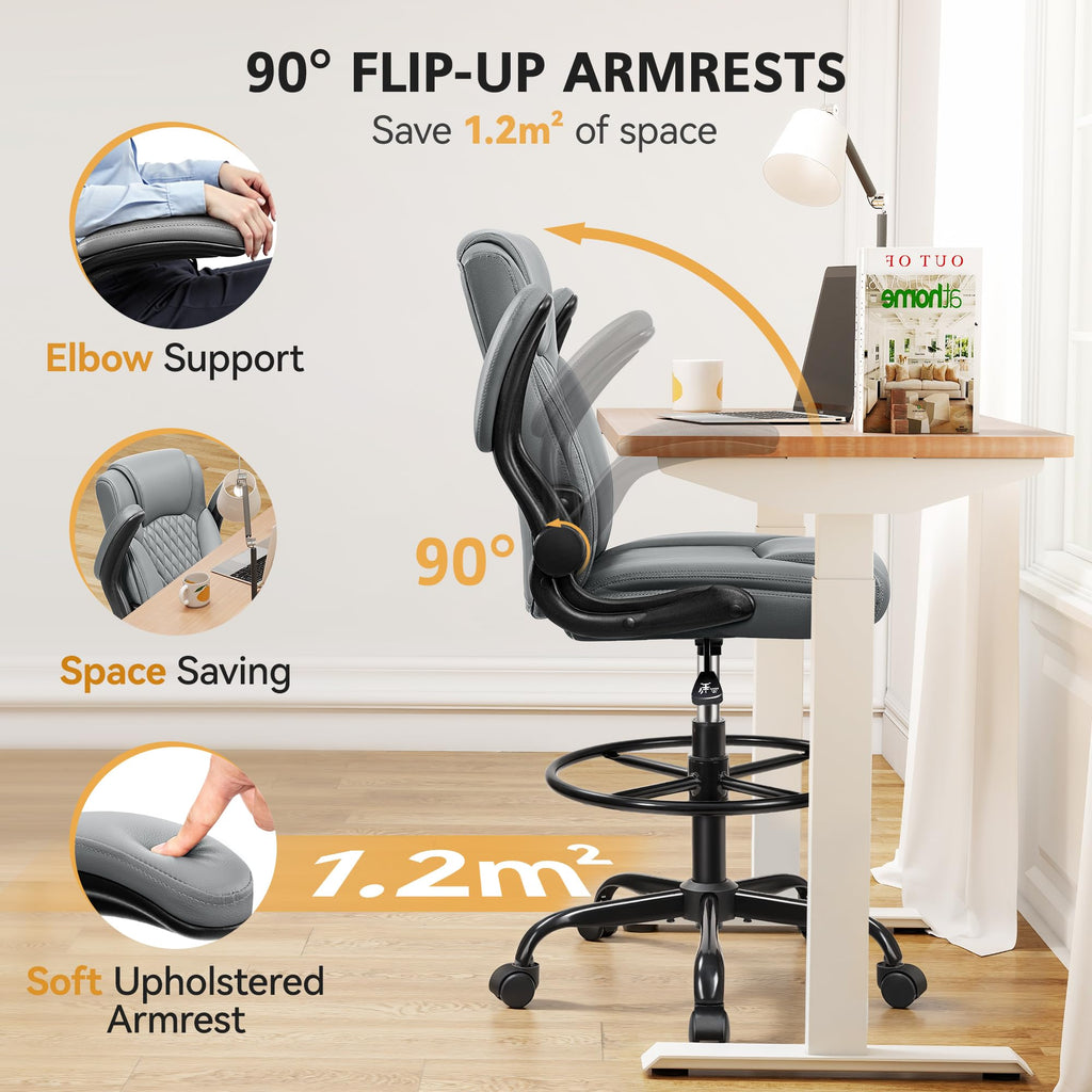 Drafting Chair, Tall Office Chair for Standing Desk, High Executive Leather Ergonomic Computer Chair with Adjustable Height and Flip-up Armrest