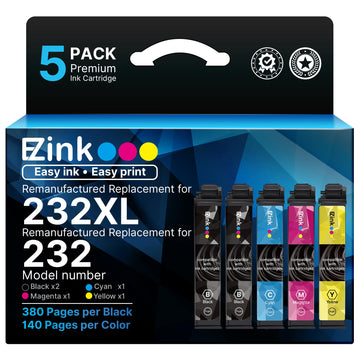 Remanufactured Ink Cartridge Replacement for Epson 232XL Ink Cartridges for 232 Ink Cartridges to use with Epson XP-4200 XP-4205 WF-2930 WF-2950 Printers (5 Pack, 2 Black 1 Cyan 1 Magenta 1 Yellow)