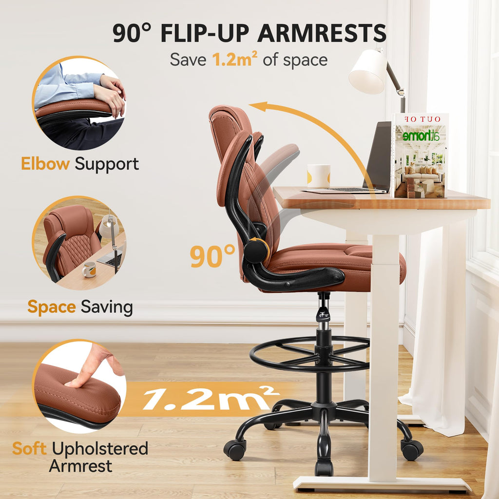 Drafting Chair, Tall Office Chair for Standing Desk, High Executive Leather Ergonomic Computer Chair with Adjustable Height and Flip-up Armrest