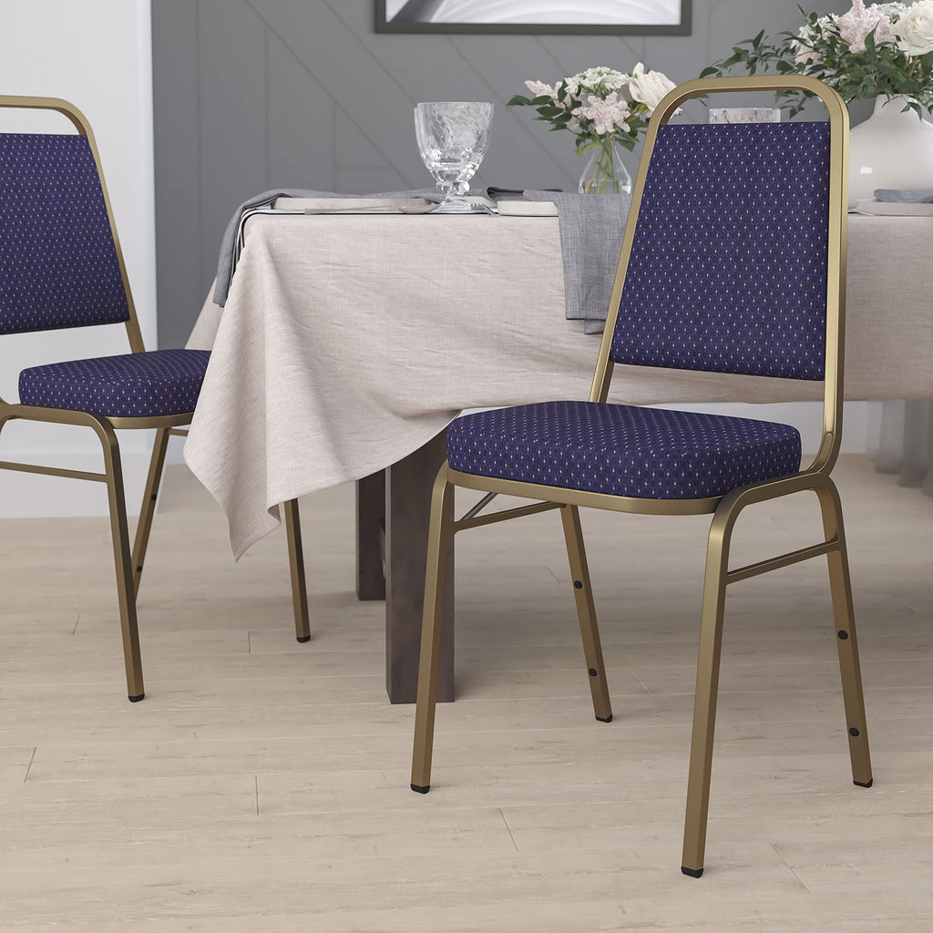 Emma + Oliver Navy Patterned Trapezoidal Back Stacking Banquet Chair, 17.5"W x 20.25"D x 36"H, Navy Patterned Fabric/gold Frame