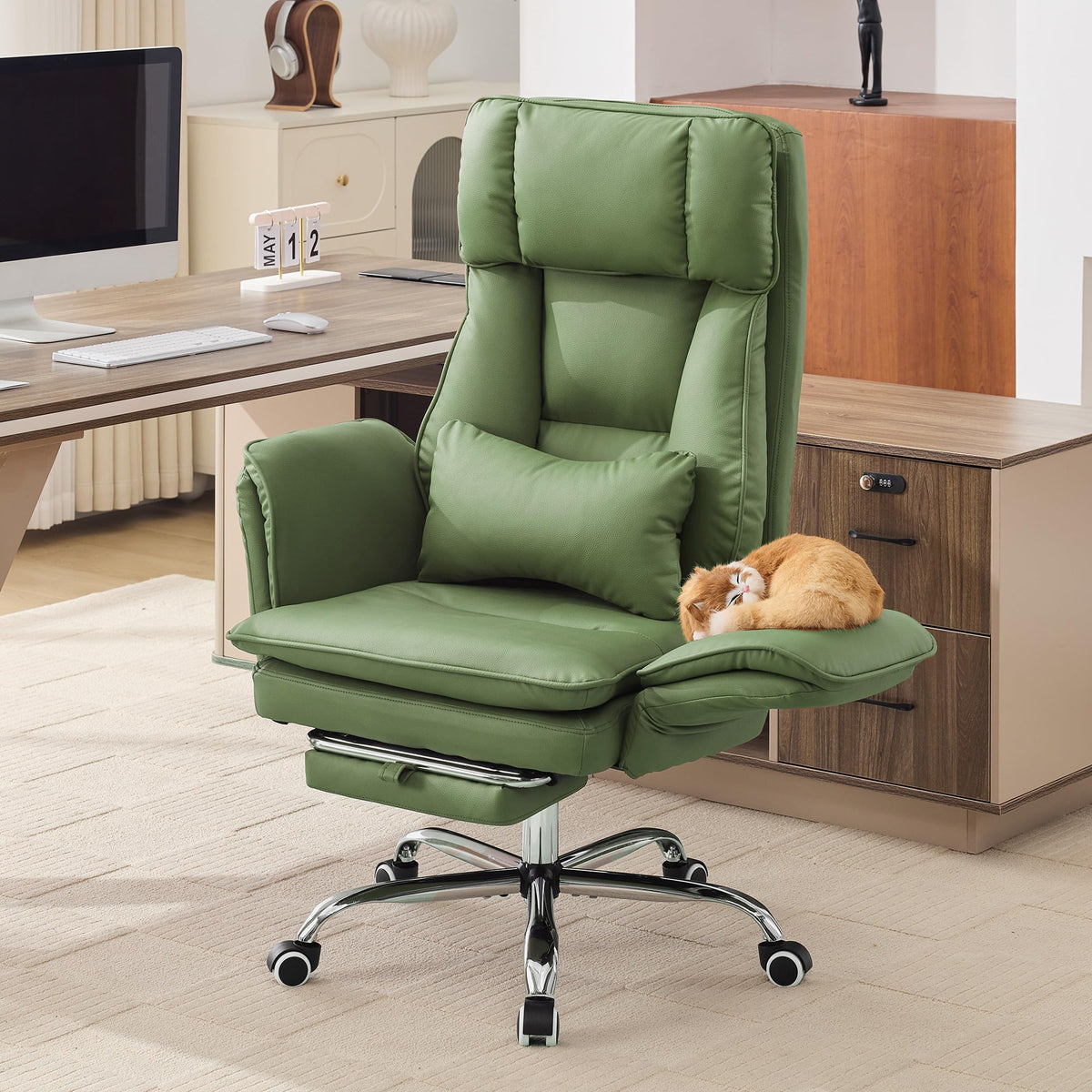 Big and Tall Office Chair, Footrest & Flip Armrest for Pets, Pu Green, PU Leather