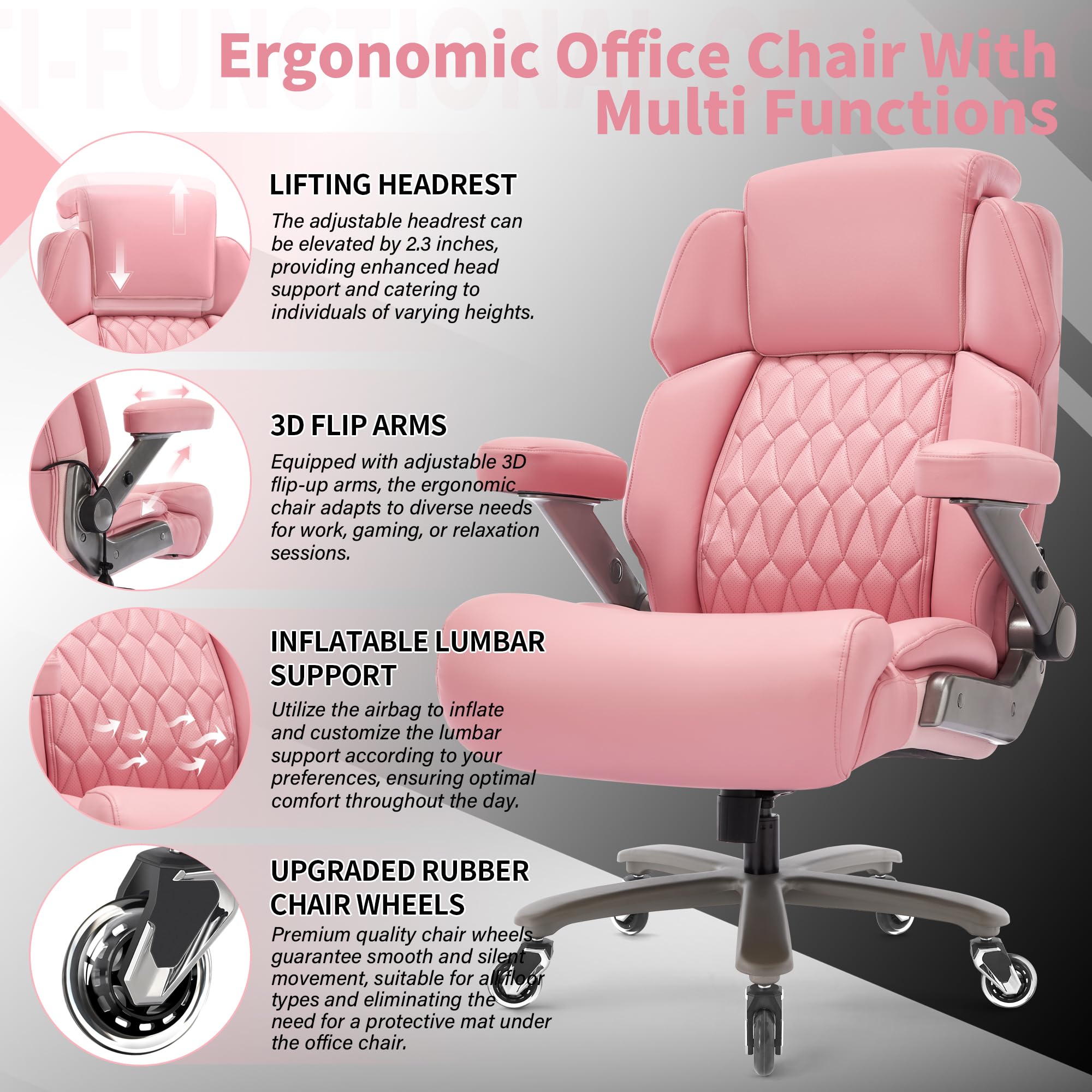 Big and Tall Office Chair 700lbs, Ergonomic High Back Computer Desk Chair, Large, Pink