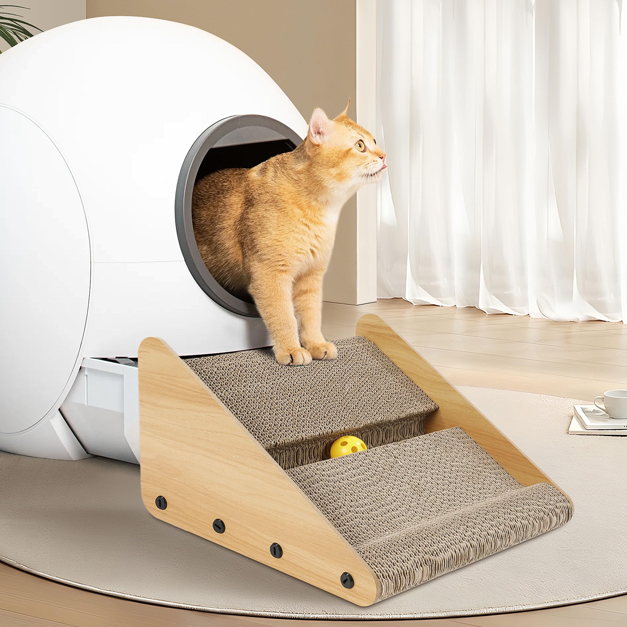 ROYALAY Litter Box Ramp for Elder Cats & Kittens, Corrugated Paper Cat Scratcher Post with a Ball, Suitable for Second Generation Automatic Litter Box