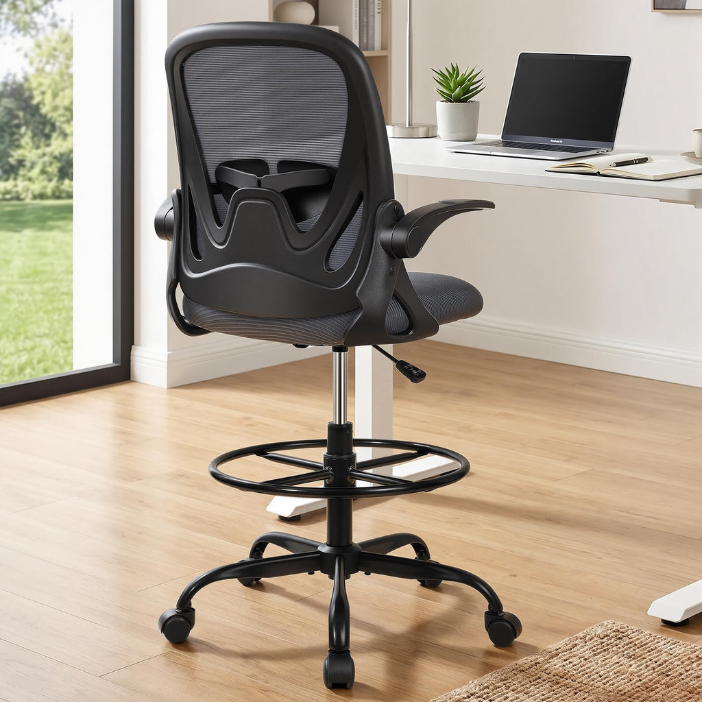 Primy Drafting Chair Tall Office Chair with Flip-up Armrests Executive Ergonomic Computer Standing Desk Chair with Lumbar Support and