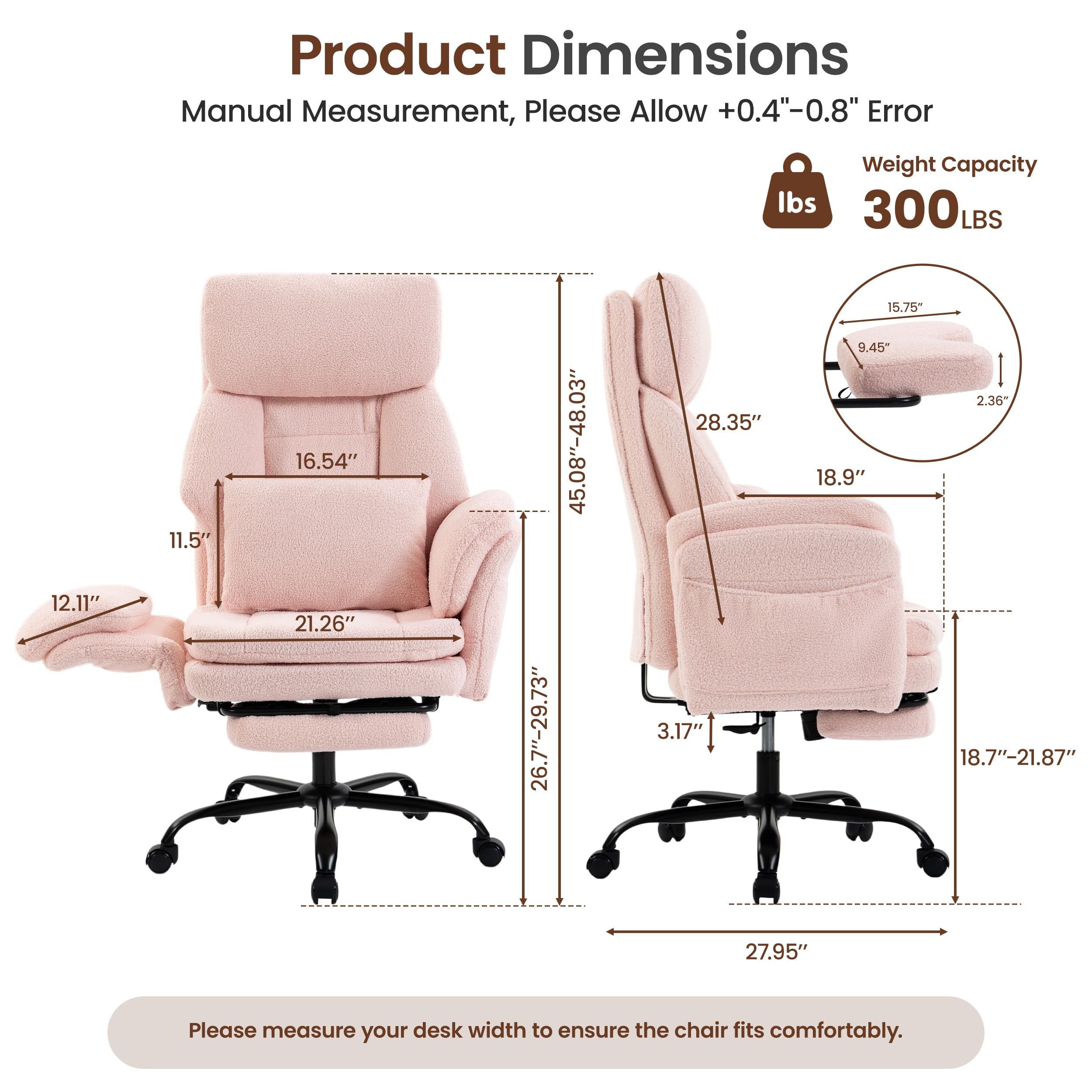 Fivewillowise Big and Tall Executive Office Chair with Foot Rest,reclining, 32"W*28"D*48"H, Teddy Pink
