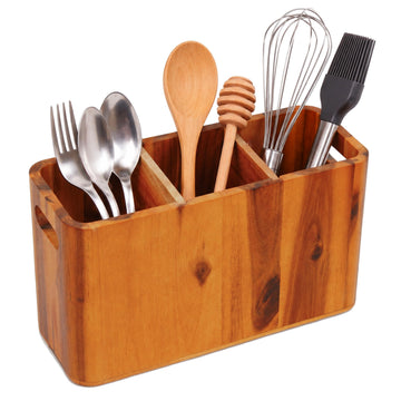 Nabytok Acacia Wood Utensil Holder for Kitchen Counter, Wooden Kitchen Utensil Holder with 3 Compartments & Handles, Large Cooking Utensil Organizer Caddy for Spatulas, Spoons & Gadgets