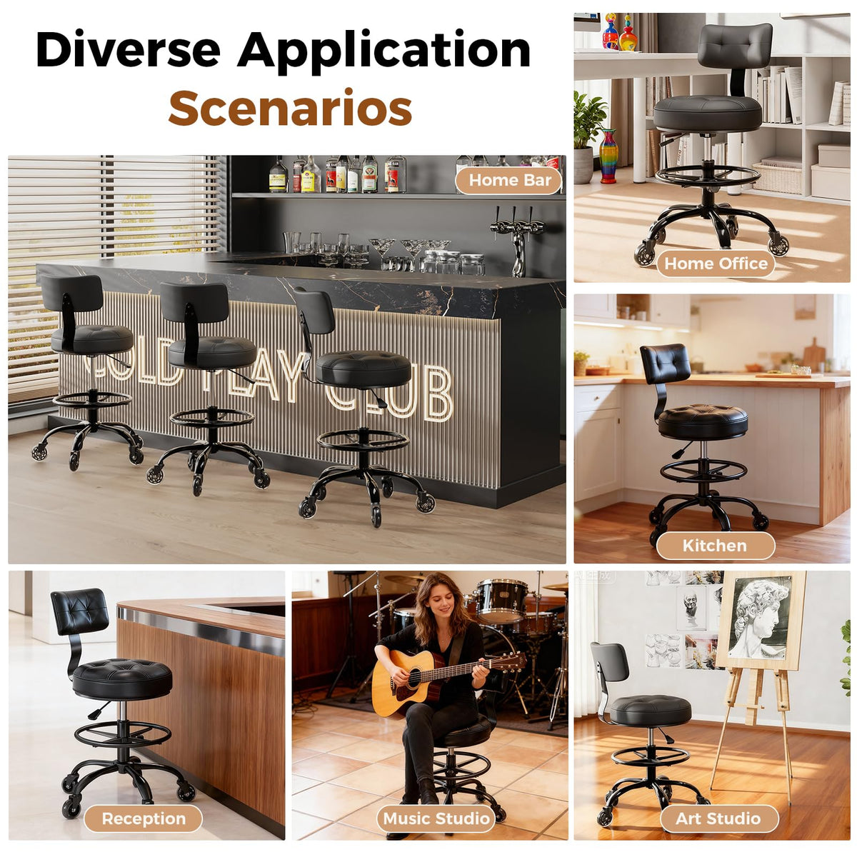 Freekyrock Office Drafting Chair with Footrest, Tall Height Adjustable Stool with Back Support, Heavy Duty Rolling Stool Chair with Wheels for