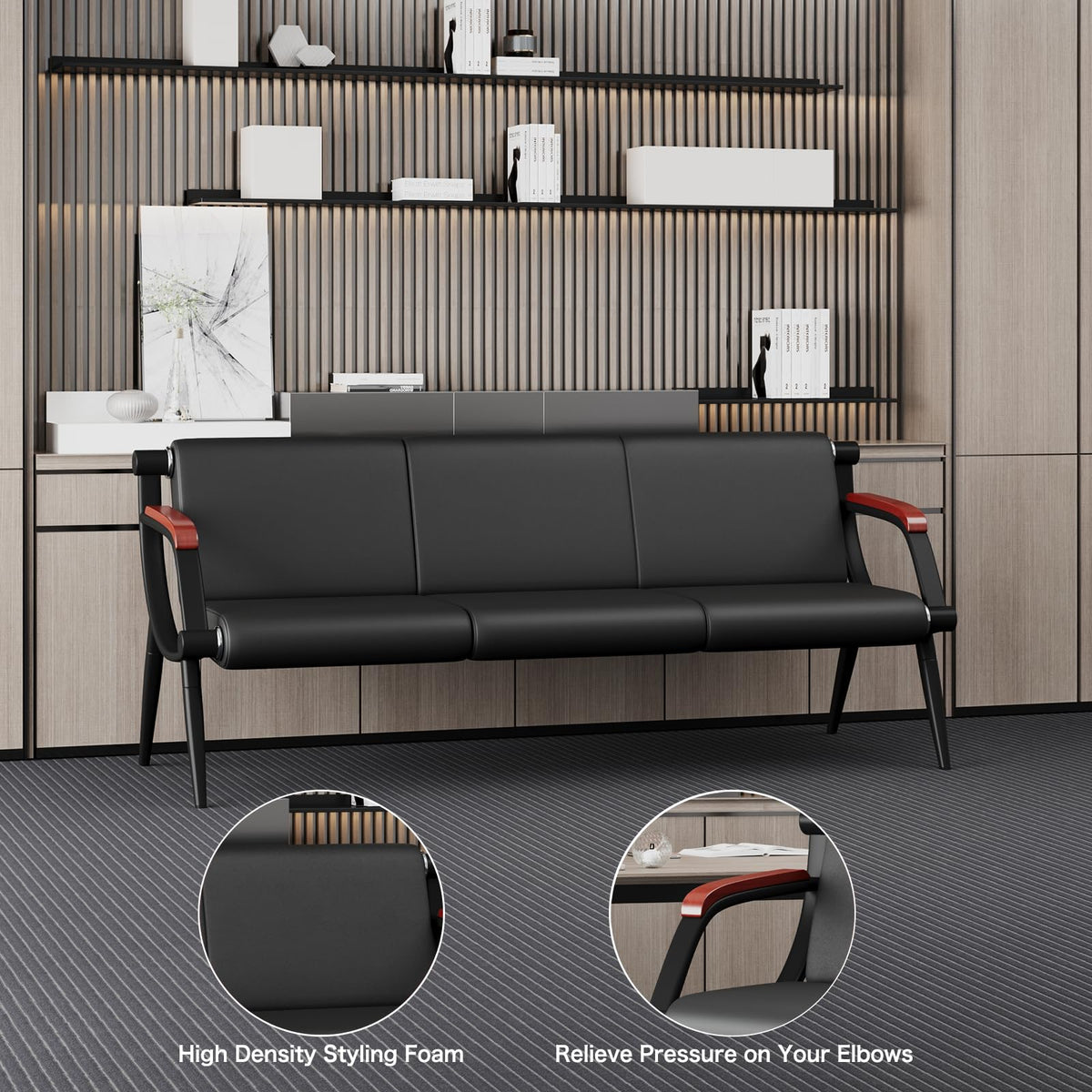 Wonline Office Waiting Room Chair Bench Set, Black Office Reception Guest Chair with Arms Matching Lobby Bench for Clinic, Hospital, Airport,