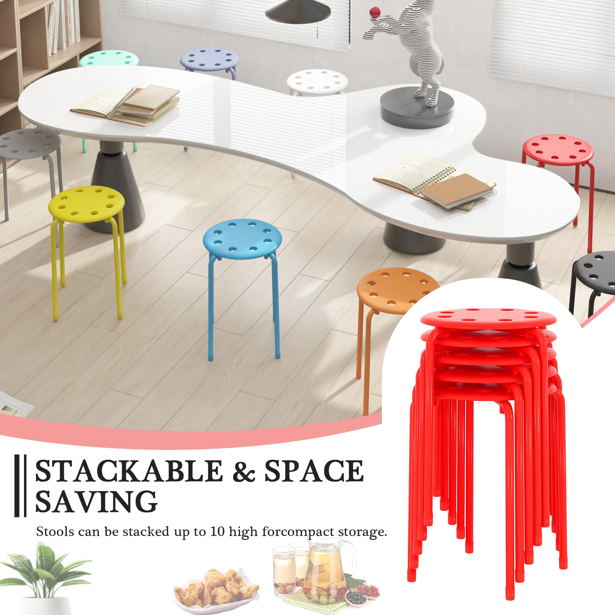 Vecelo 6-piece Stacking Stools, 17.7 Inch Standard Height, Portable Stackable Colorful Decoration Stools for School Classroom and Office Use, Red