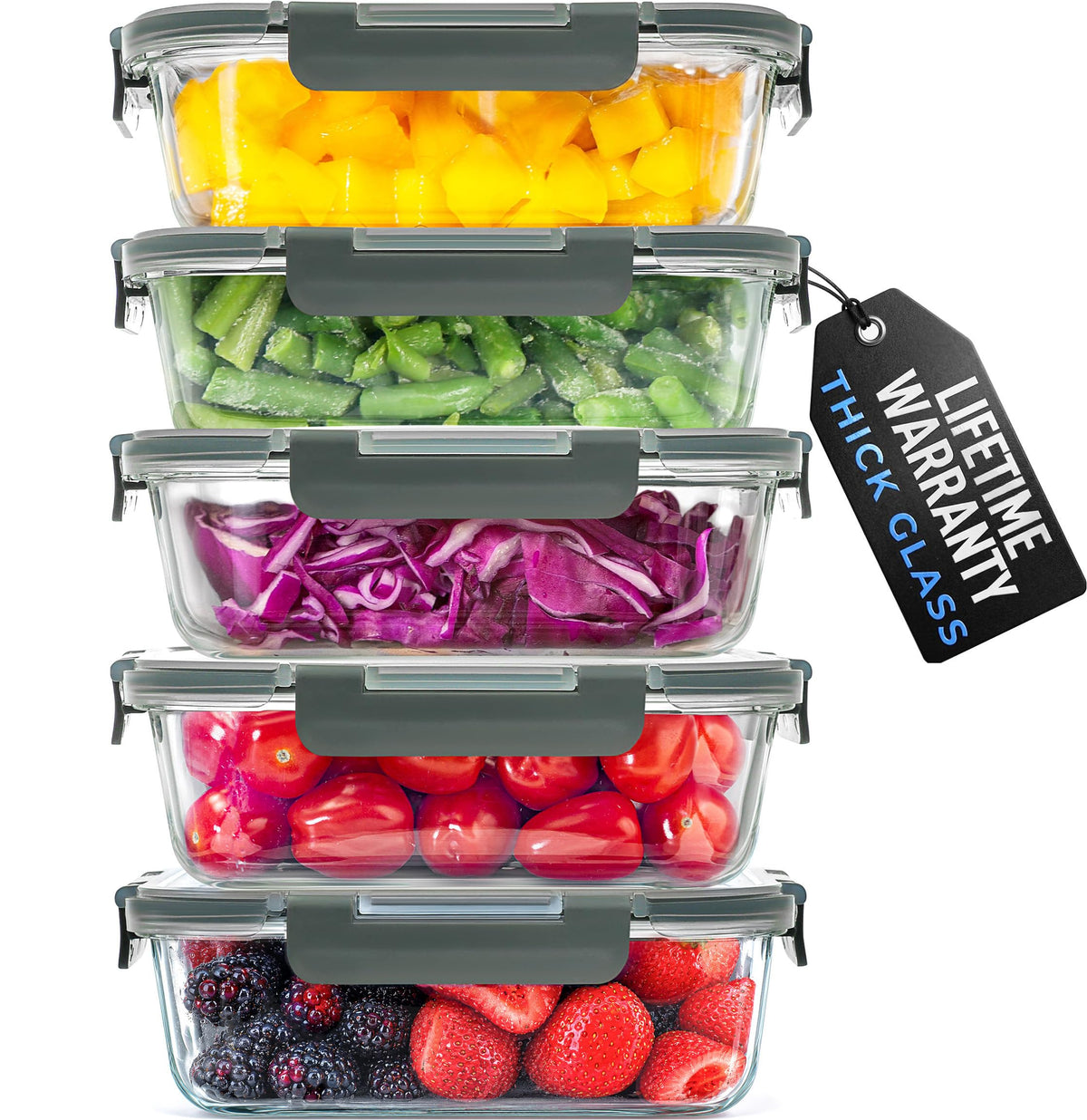 Zulay Kitchen 5 Piece Large 36oz Glass Tupperware Container Set with Lids - Premium BPA Free Borosilicate Glass Food Storage Containers - Leak-Proof Meal Prep - Microwave, Freezer & Oven Safe - Gray