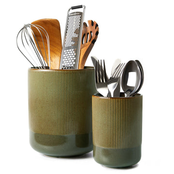 Pokini Utensil Holder, 7.3"+5.3" Ceramic Kitchen Utensil Holder for Countertop, Large Cooking Utensil Organizer, Modern Utensil Crocks Spatula Holder for Farmhouse Kitchen Counter Decor, Brown Green