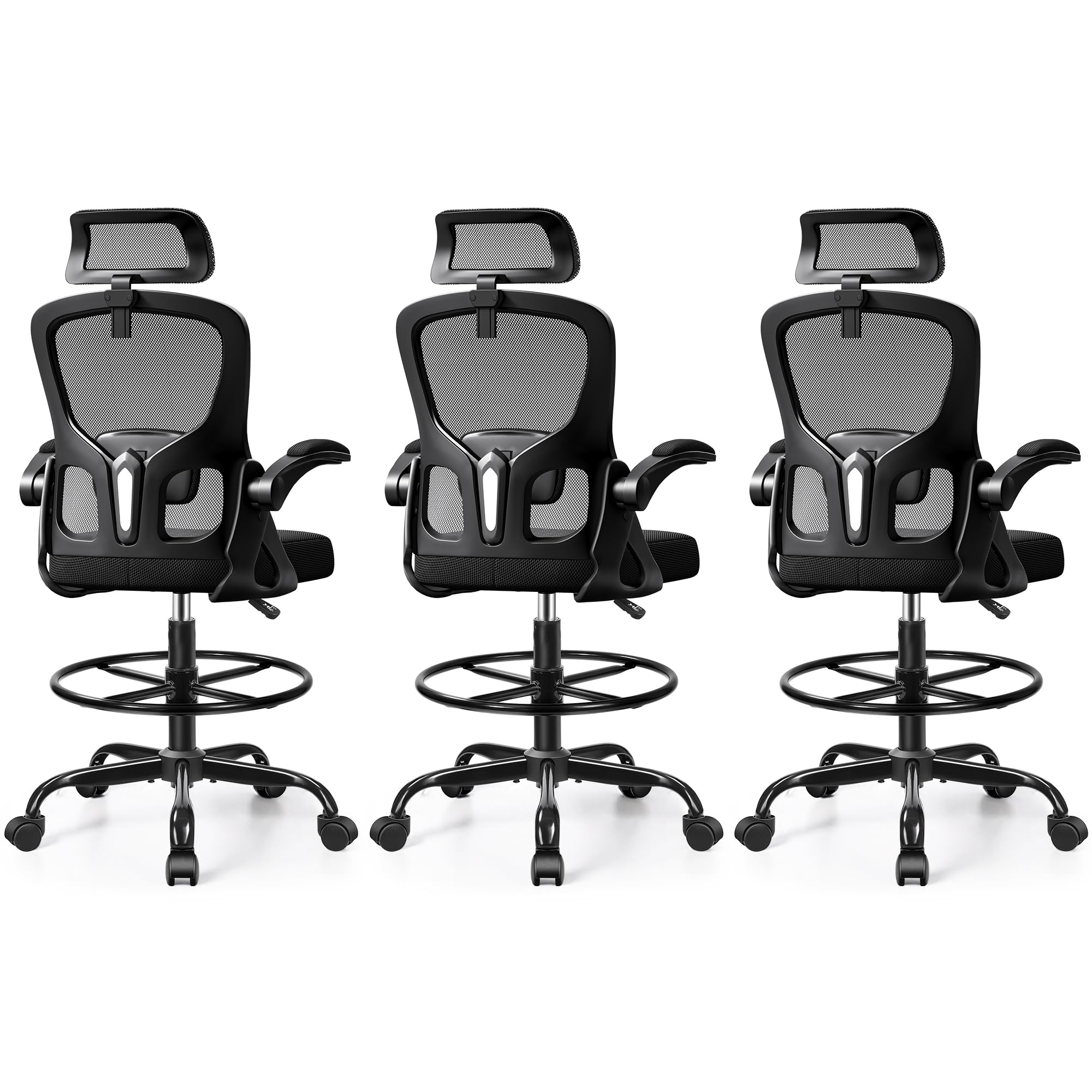 Finati Drafting Chair, Tall Office Chair for Standing Desk, Ergonomic High Back with Headrest, Lumbar Support, Foot Ring and Flip-up Armrests,
