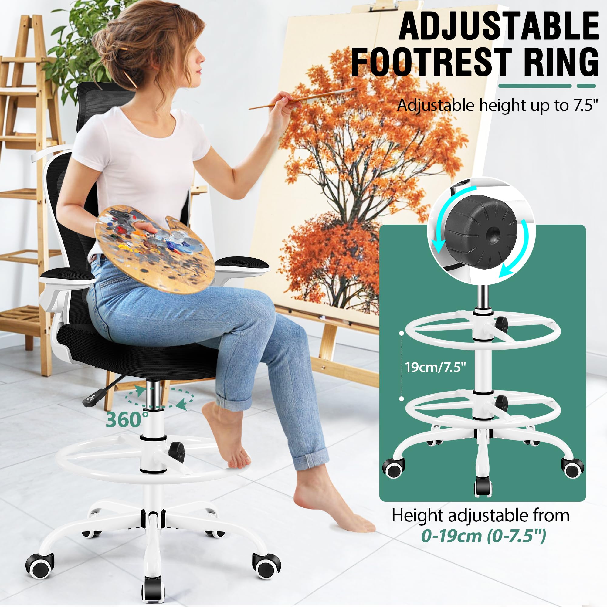 Athope Drafting Chair, Tall Office Chair with 3d Lumbar & Head Support, 18.9" x 19.7" x 50.4", White