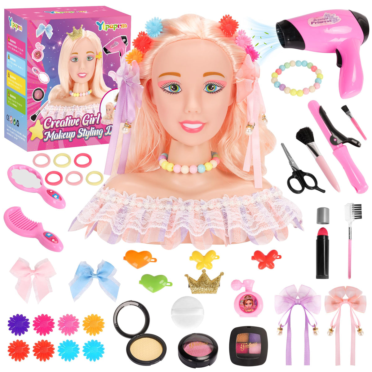 41PCS Deluxe Head Styling Doll Girls Kids Head for Makeup and Hair Salon Doll Toy, Pretend Play Hair Styling Kit With Hairdryer Curling Iron Eye Shadow Powder Hair Clip Set Birthday Gift for 8+ Child