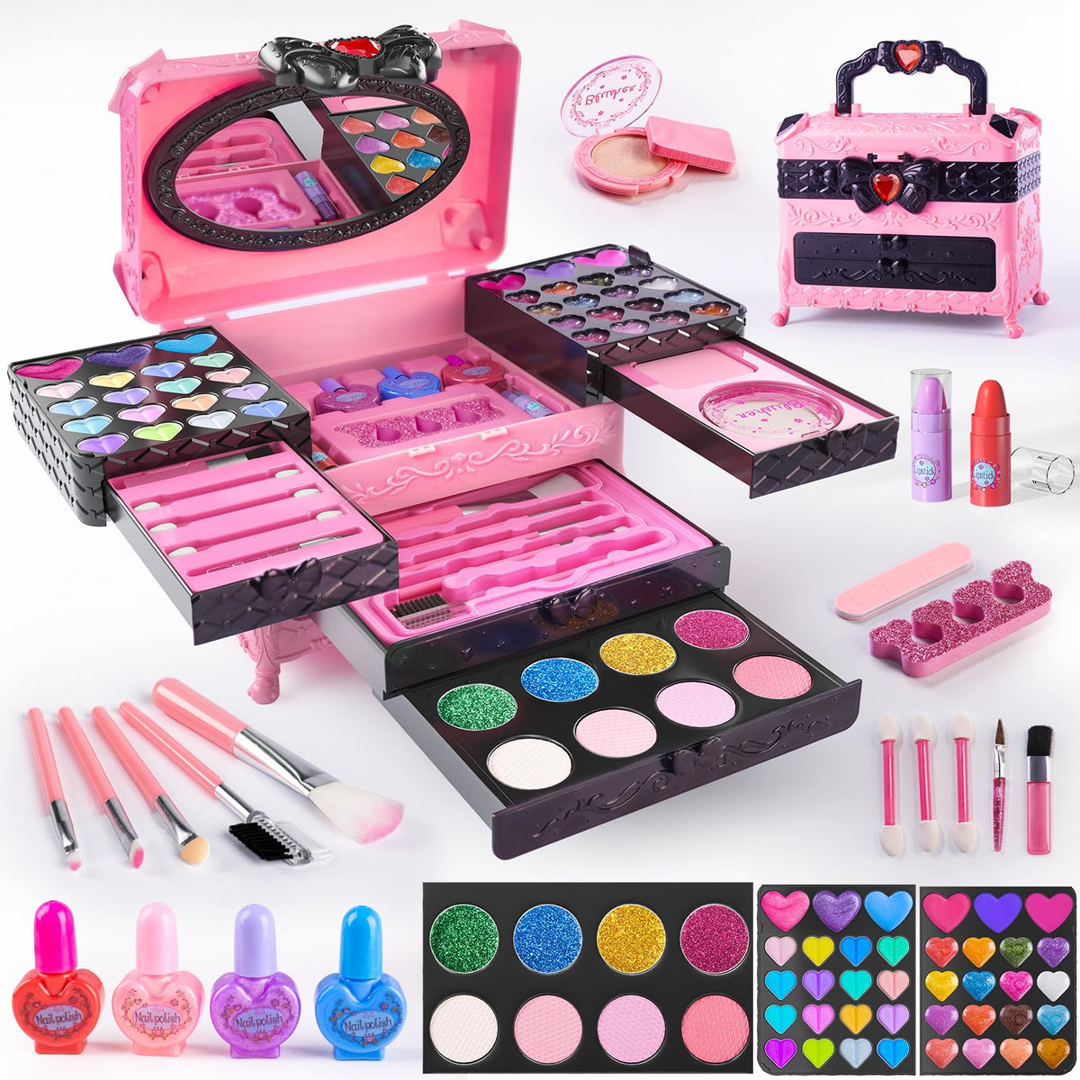 Kids Makeup Sets for Girls, 66pcs Real Cosmetic for Kids Toys with Mirror, Princess Washable Girls Makeup Kit, Non-Toxic & Safe Brithday Gifts for 3 4 5 6 7 8 10 - 12 Years Old?Pink Black?