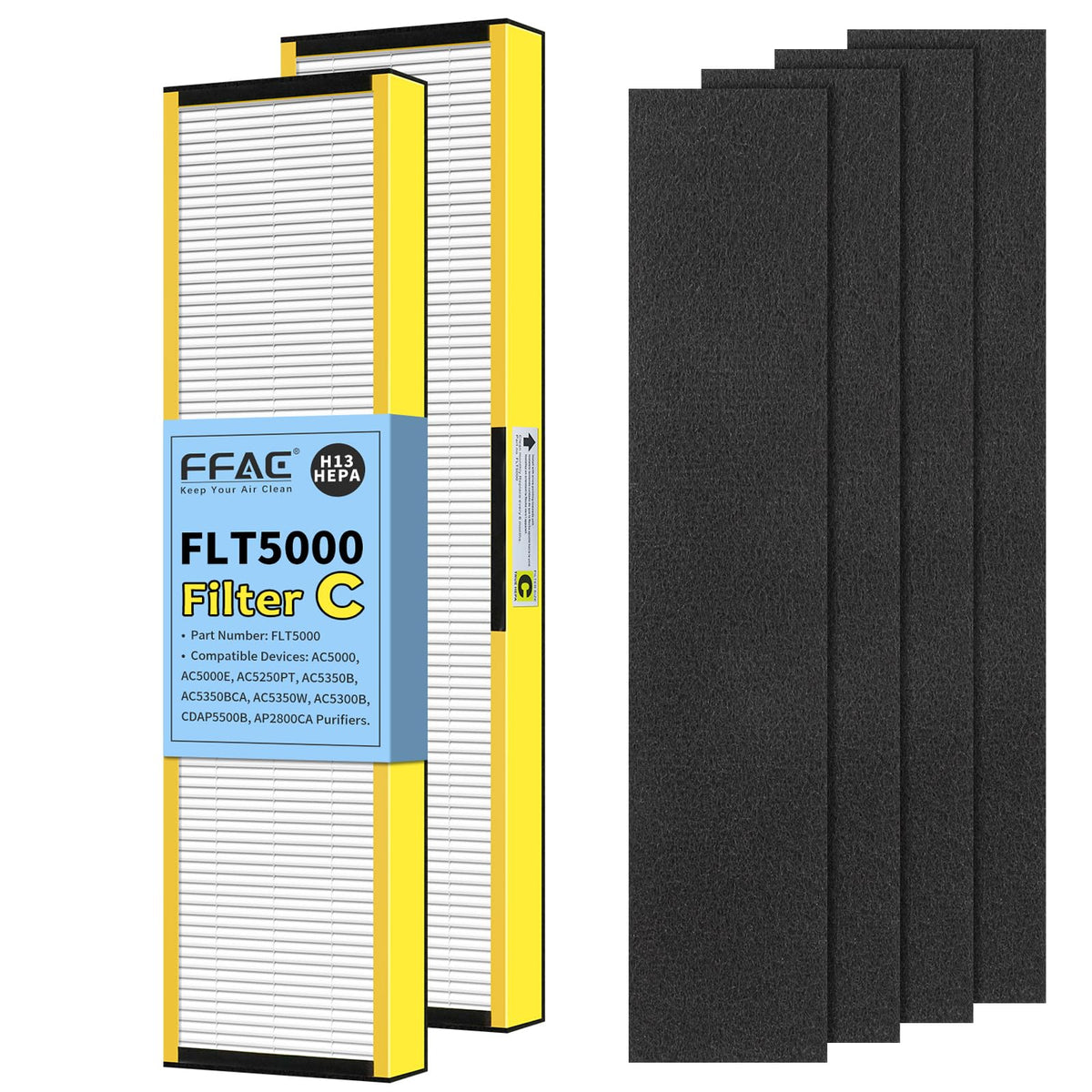 FLT5000 Filter-C True HEPA Replacement Filter for Guardian AC5000E AC5000 Air Purifier Compatible with AC5250PT, AC5350B, AC5350W, AC5350BCA, AC5300B Air Cleaner, 2 Pack HEPA + 4 Pre-Filters