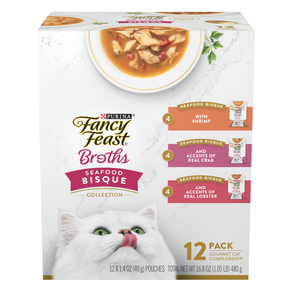 Purina Fancy Feast Broth Seafood Bisque Complement Variety Pack Gourmet Grain-Free Lickable Cat Food Topper, Pack of 12, 1.4 oz. Pouches