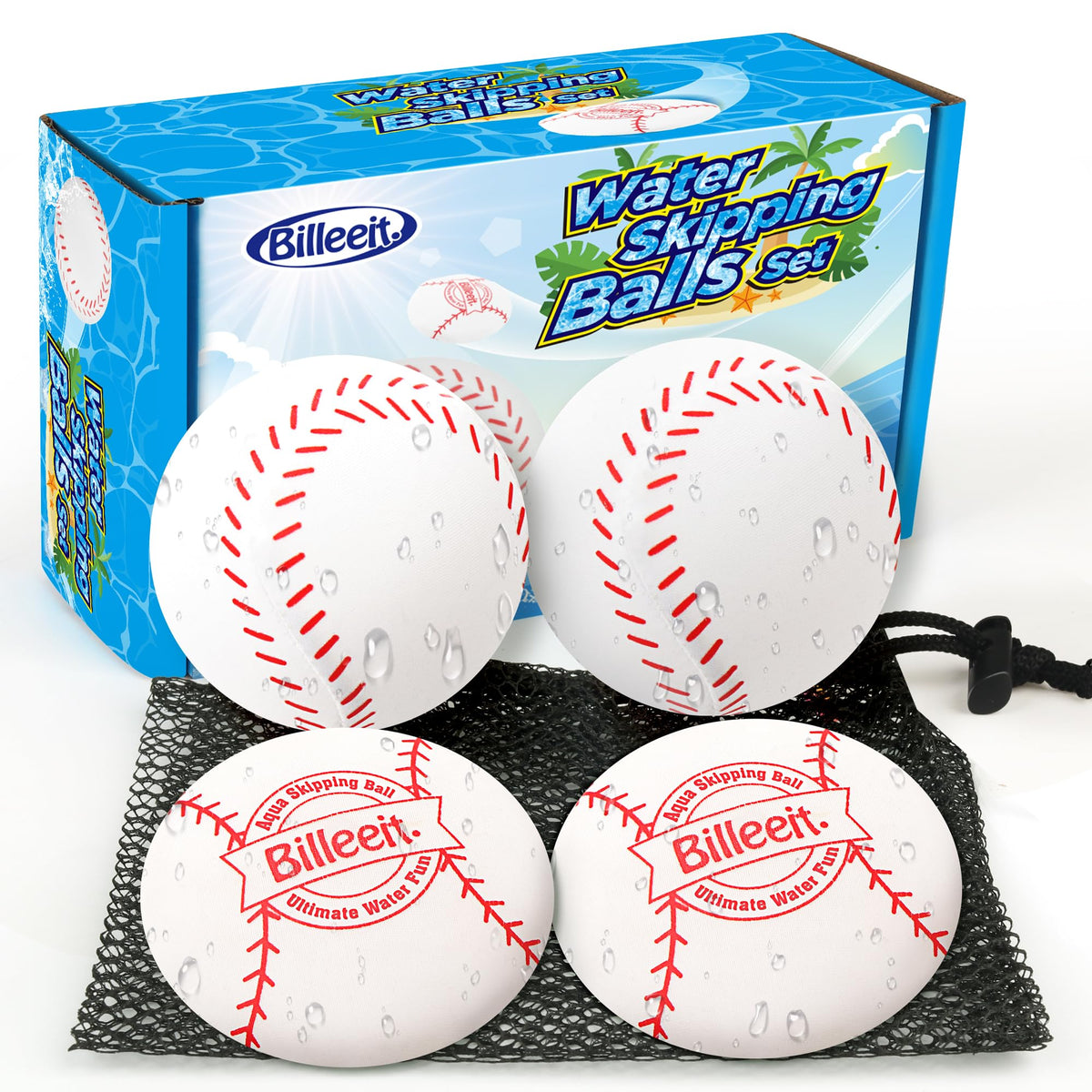 Billeeit 4Pcs Water Skipping Balls Set for Pool, Beach & Lake Play(Baseball Theme), Each of 2 Floating TPR Bounce Balls and Discs with Mesh Bag for Kids 3+ and Adults