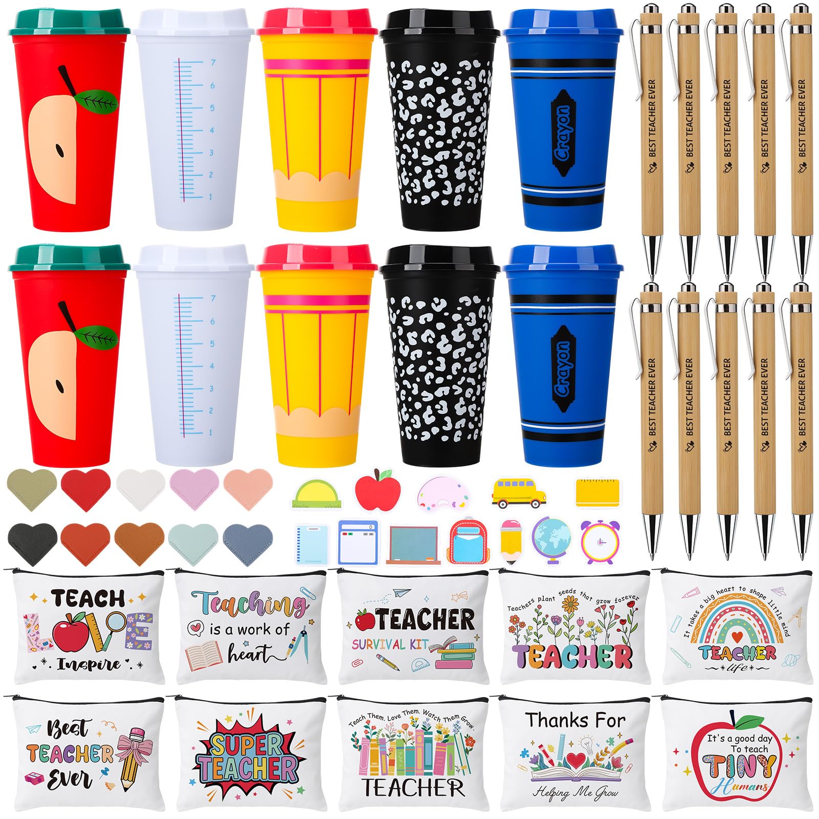 52 Pcs Teacher Appreciation Gifts Bulk 10 Set Thank You Teachers Gifts 16oz Plastic Cups with Lid Makeup Bags Bookmarks Pens Sticky Note Pads for Graduation Teacher’s Day Back to School