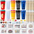 52 Pcs Teacher Appreciation Gifts Bulk 10 Set Thank You Teachers Gifts 16oz Plastic Cups with Lid Makeup Bags Bookmarks Pens Sticky Note Pads for Graduation Teacher’s Day Back to School