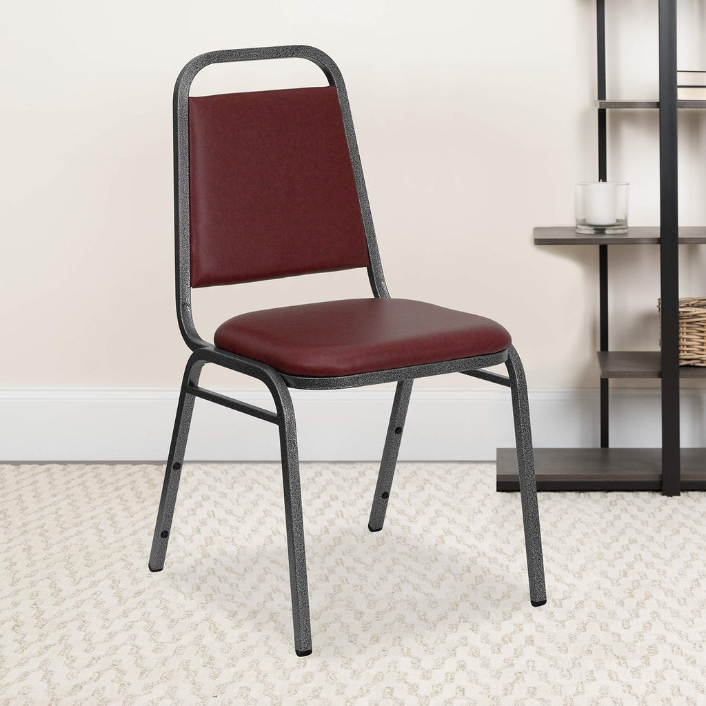 Emma + Oliver Burgundy Vinyl Trapezoidal Back Stacking Banquet Chair, 17.5"W x 20.25"D x 34"H, Burgundy Vinyl/silver Vein Frame